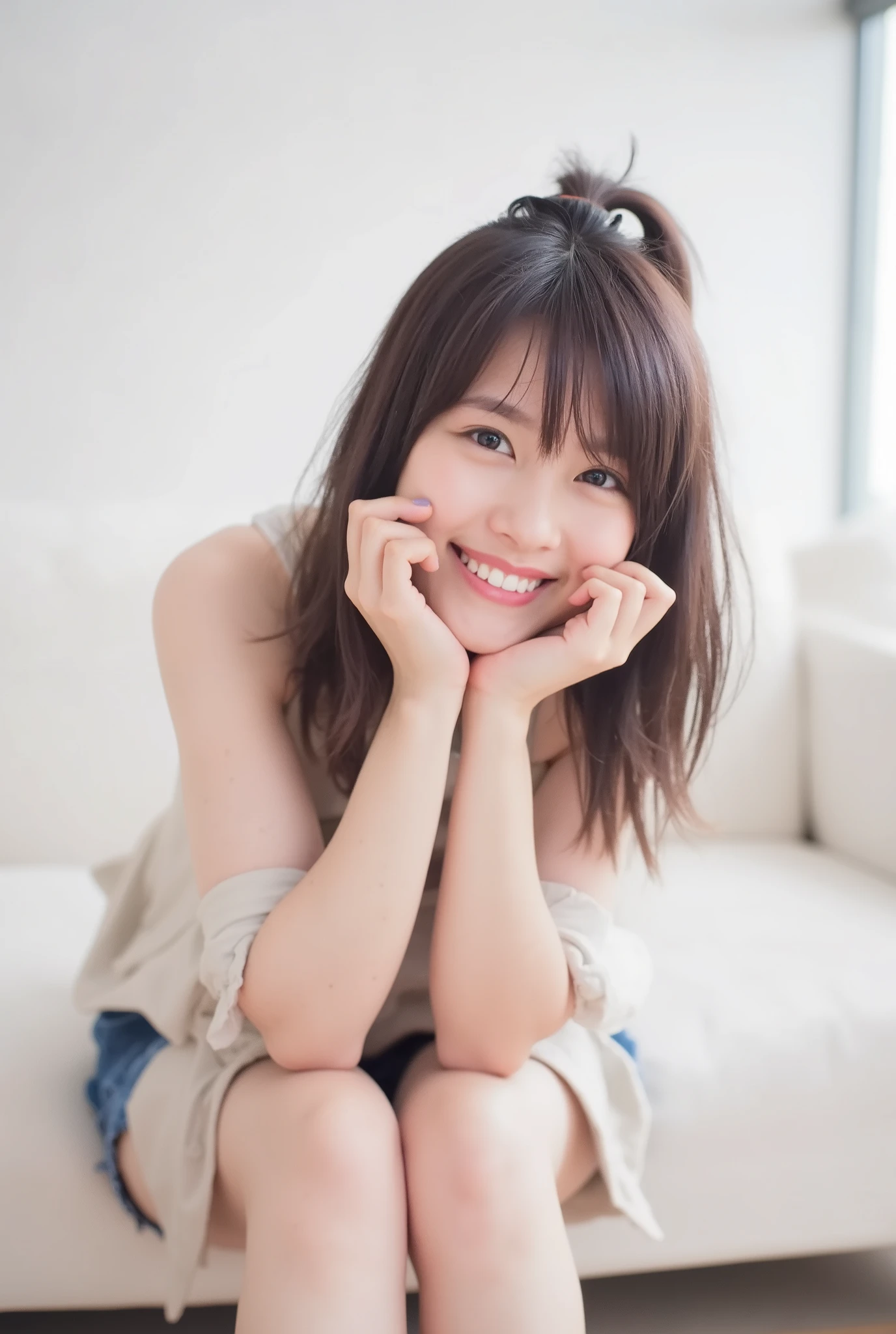 Shoot her at a low angle 、A young woman leaning forward and wearing a loose open shirt on a bare top, staring at the camera, showing her teeth, and putting her hands under her chin to show a natural smile is sitting on the couch。 features a loosely tied ponytail and soft bangs framing her face 。 A minimalist living room with a white sofa in the background、Clean and bright atmosphere 。 focus on her friendly and relaxed look 、 highlight features with natural light 。
