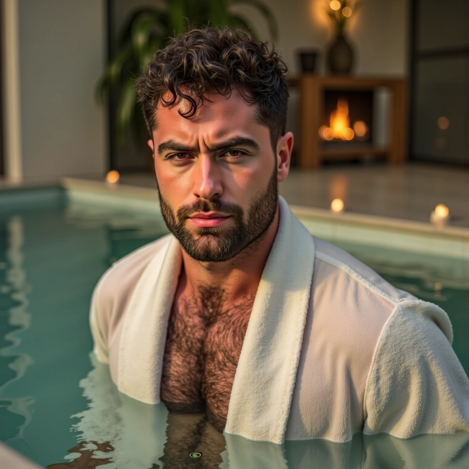 masterpiece, best quality, high resolution, closeup portrait, male focus, solo focus, A man, detailed and sharp image quality, ultra realistic, 4k, in swimming pool, white hair, silver grey hair, messy hairstyle, cute and seductive face, bare chest, body hair, facial hair, roman nose, very skinny body, hairy legs, dimples, beard, bold jawline , in the background a luxurios backyard, erotic, sweaty hairy armpit, white stained briefs, view from below, legs very hairy, amazing composition, front view, HDR, ultra quality, elegant, highly detailed
