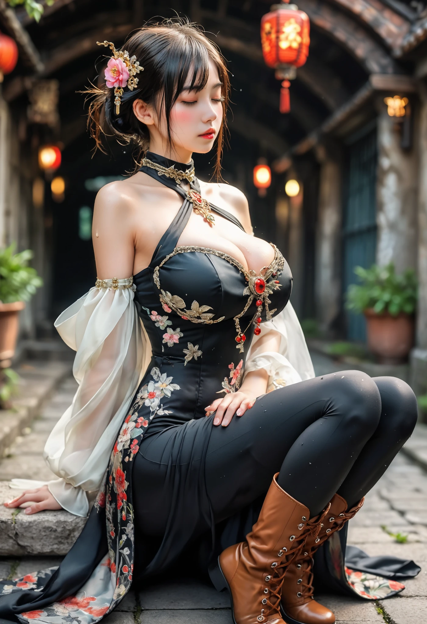 Digital Cyberpunk Art、highest quality、Ultra-high quality CG Unity 8K、Cyborg Edwardian Maid、Shiny metallic、 (kneeling)