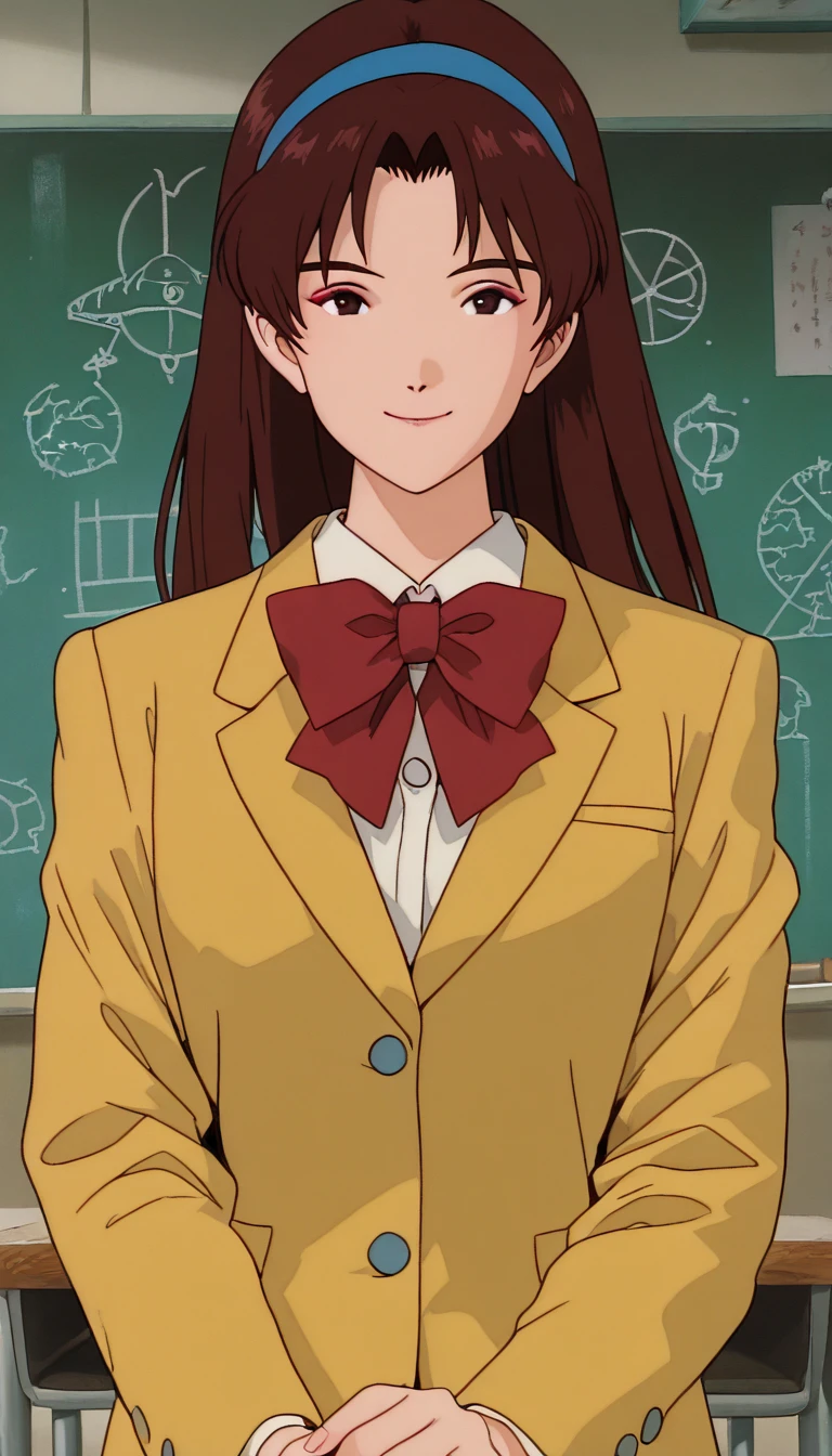 A beautiful female teacher in a suit standing in a room, a blackboard on the wall behind her, beautiful teacher, wearing glasses, sexy, long black stockings, 8k, anime style