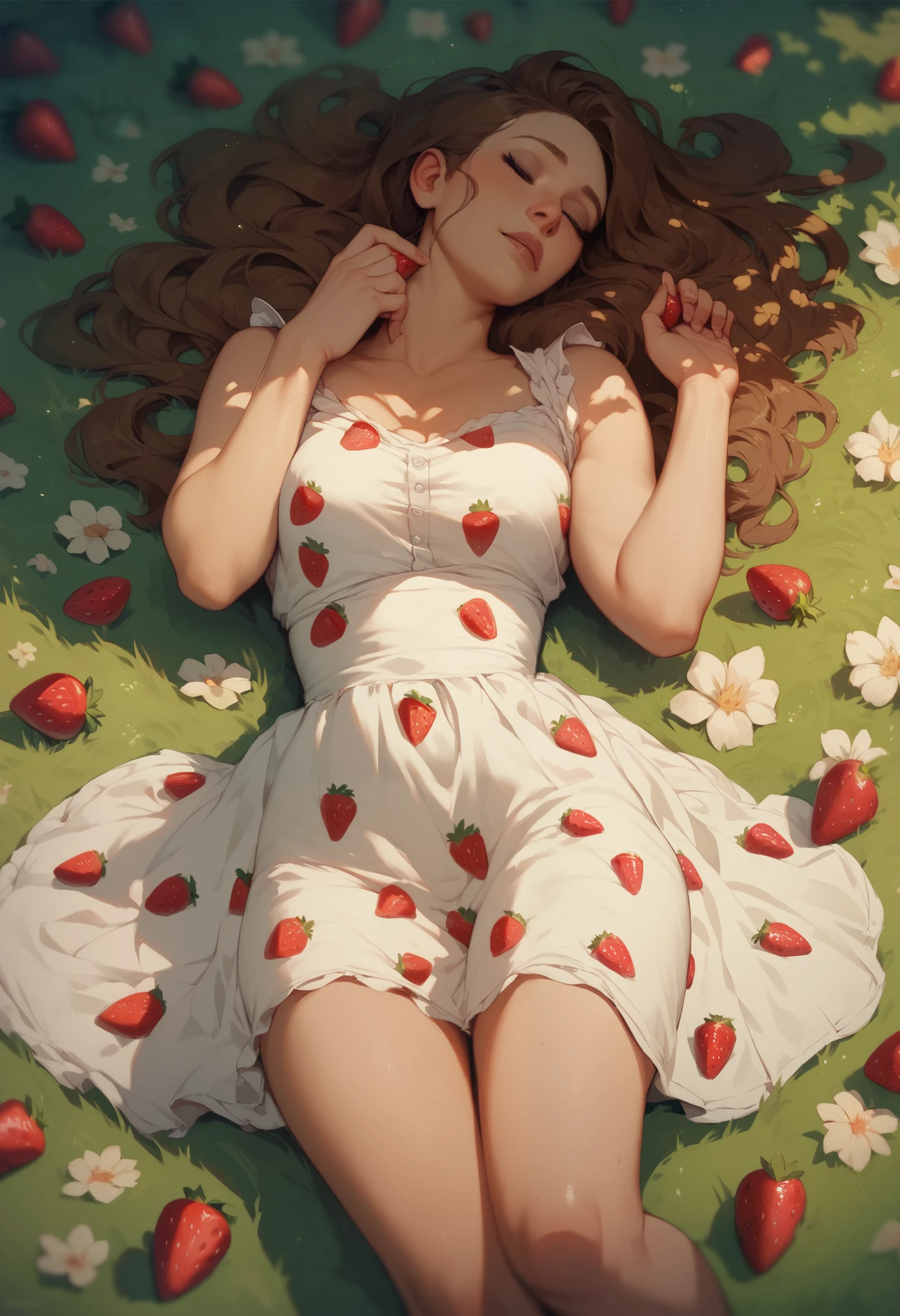 Girl with long brown hair, eyes closed, Lying on the grass floor , in a dress printed with strawberries