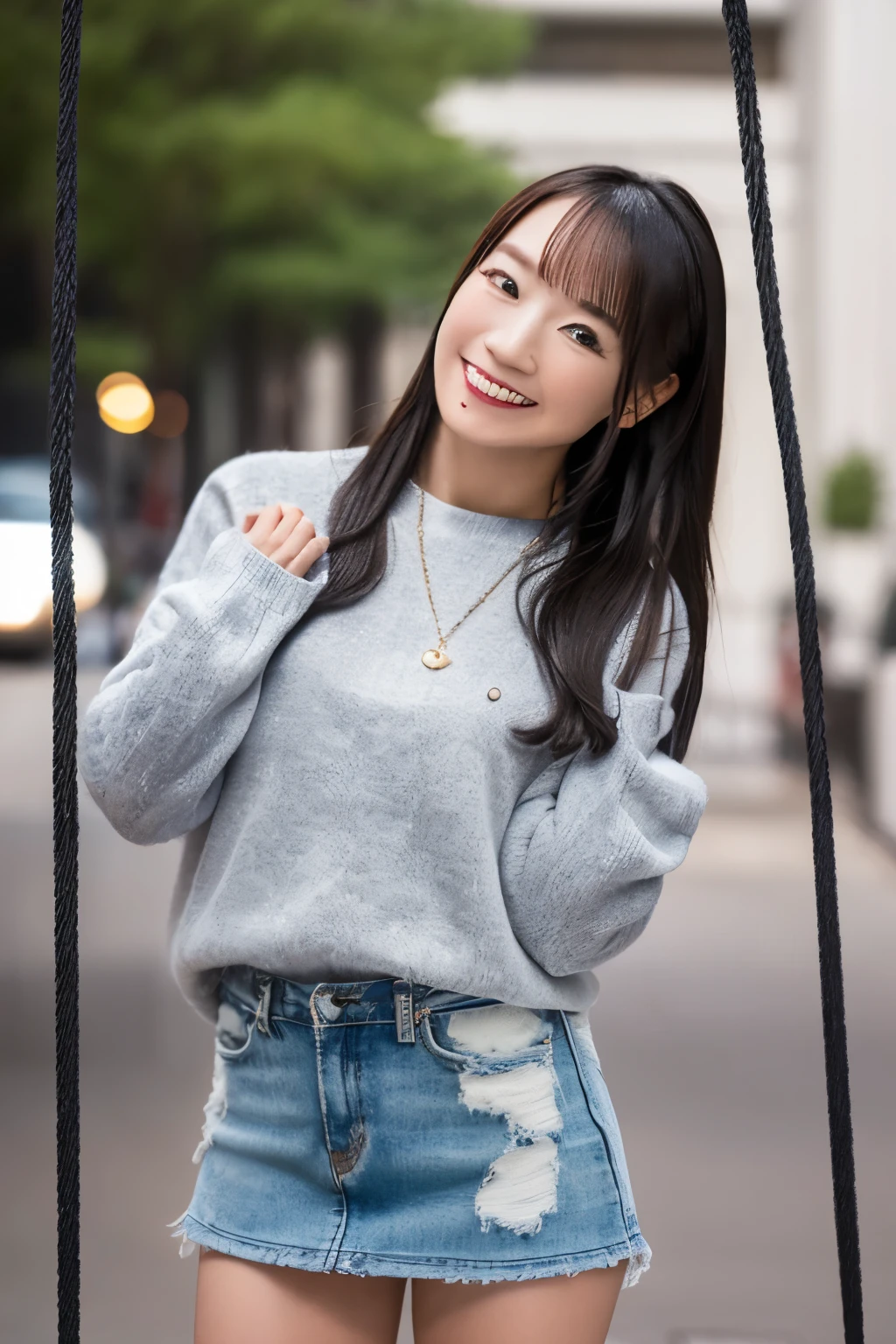 (8K、Raw photography、top-quality、masterpiece:1.2)、(masterpiece,top-quality,超A high resolution),whole body, A Japanese Lady, Kawaii Girl、beautifull detailed face,View photographer、,extremely detailed eye and face, Sharp pupils, Natural makeup,slick hair, Professional Lighting,Happy smile、lipgloss、(((Very cute *********** girl)))、(((Everyday clothes、a miniskirt))),(((swing))), mizuki nana