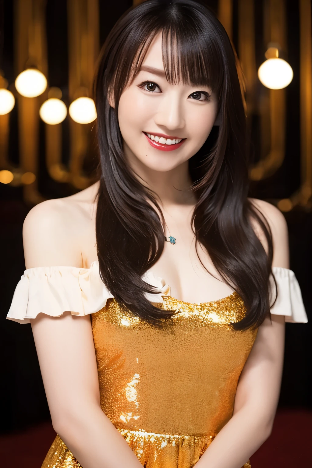 Araffe asian woman in a gold dress posing for a picture - SeaArt AI