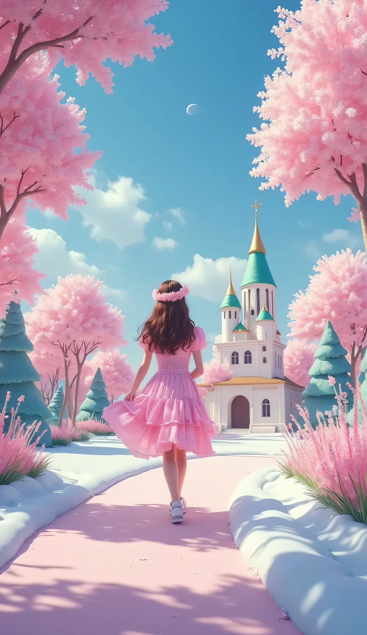 best qualtiy,tmasterpiece, Ultra High Resolution ,(Fidelity:1.4),(Ultra photo realsisim), (A high resolution), (8k),((1girll)),(Fluorescent Color:1.4),(semi transparent:1.4),(retro filters:1.4),(fanciful:1.4),Candy World Disneyland,Ethereal soft fluffy soft soft soft landscape,Forest snowman,Pastel pink sky,Green and blue luster,Ethereal light pastels, Whimsical brilliance,Rainbow star diamond sparkling gemstone,The background is super realistic、ultra-quality cinematic lighting,huge detail,full HD painting,The painting is well lit,