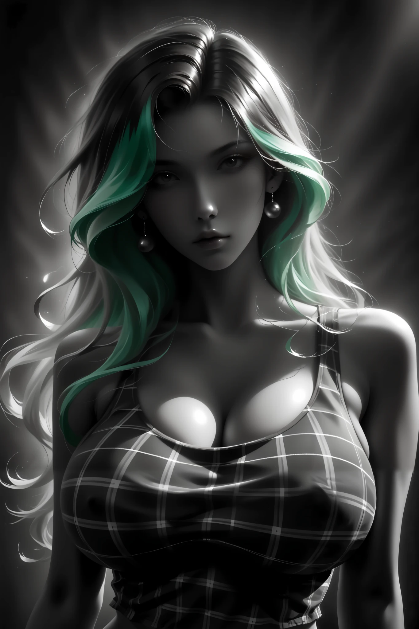 best quality, illustrator anime, style retro classic, master piece:1.5、(minimal art), woman、colored hair, silence、An ennui look、Densely drawn, plaid tank top, huge breasts, portrait, neon color palette,