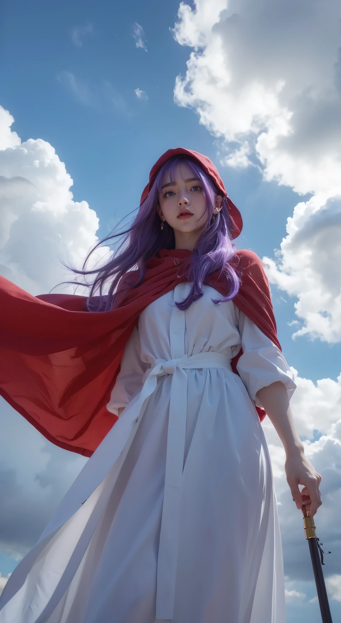 (( open mouse、Surprised)) . redhood.A broad perspective . naked clear coat.dq pom , Long Curry . purple hair, earrings.、 best quality , bangs , small head on the street:1.3 Ultra Realistic :1.2 ,masterpiece, best quality , More details, Realistic Lights .A broader perspective. Stone construction、Fantasy . Outdoors