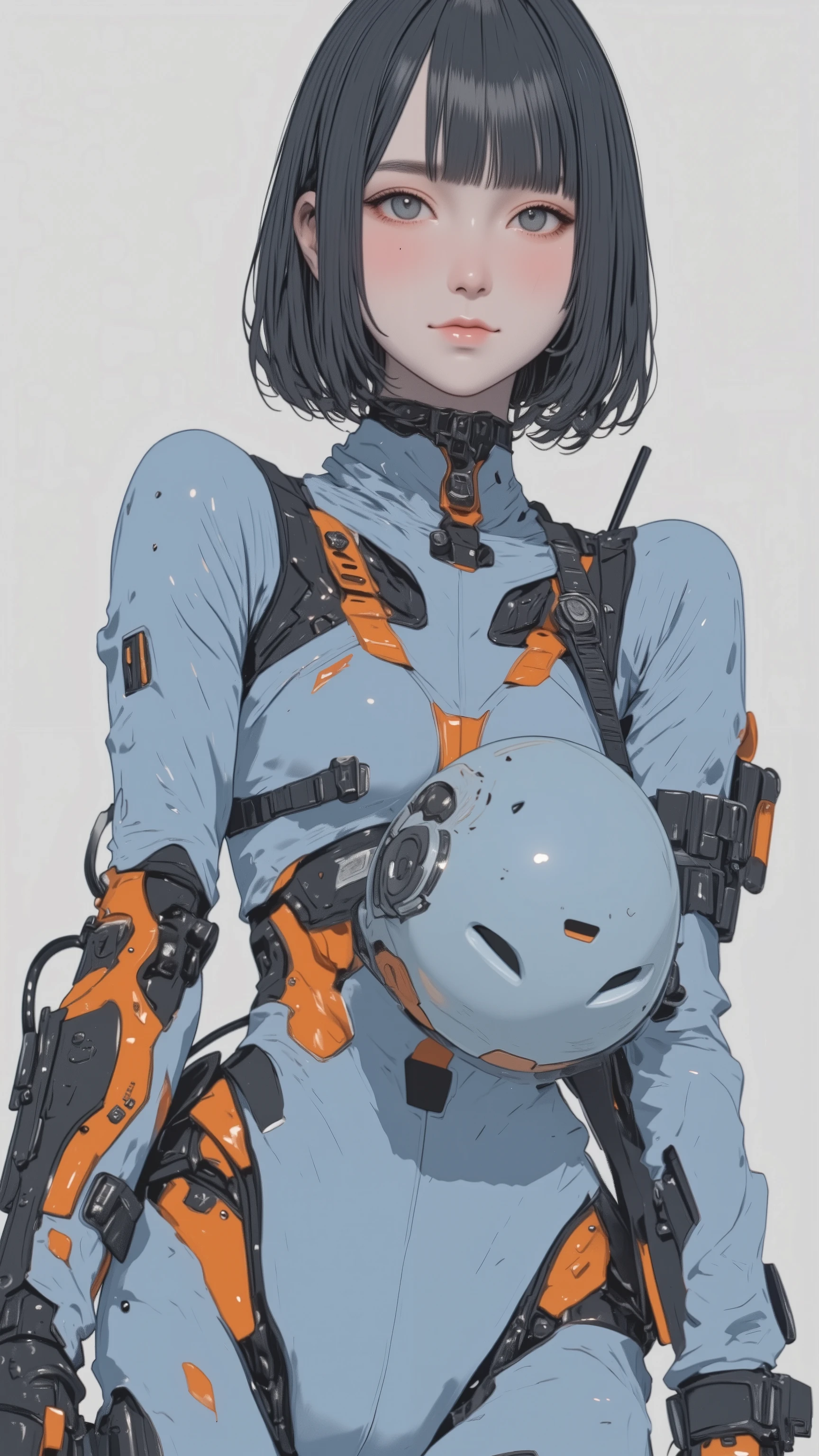 live-action 、Genuine、 Beautiful Japanese Woman、 Light blue and orange long sleeve leotard pilot suit 、 high technology sneakers 、Helmet in right hand、 the holster is attached to the right thigh 、 black hair、 shortcuts 、 robot with light body like a light body 、 The torso opens vertically 、 there is a cockpit inside 、 the humanoid arm can work accurately 、 I'm riding 。 giant humanoid legs 、 the wire comes out from the back .、 connected to the calf 、 LIGHT BLUE AND ORANGE COLORING 、 the wire is slightly larger than the pilot 、} Japanese high school girl who is beautiful even when wearing a powered suit 、