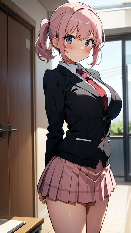 Yuigahama Yui, short hair, Brown eyes, Pink Hair, Single bun hair,
One girl, White shirt, Black jacket, The room is expensive , skirt,
View your viewers,
(masterpiece:1.2), Highest quality, High resolution, unity 8k wallpaper, (Beautiful and beautiful eyes), Highly detailed face, Perfect lighting, Highly detailed CG, (Perfect Anatomy),
(blush:1.2), smile,
Huge breasts,
classroom,
From below, Pink Panties, Thighs,
Open your mouth, sexy, Estrus,