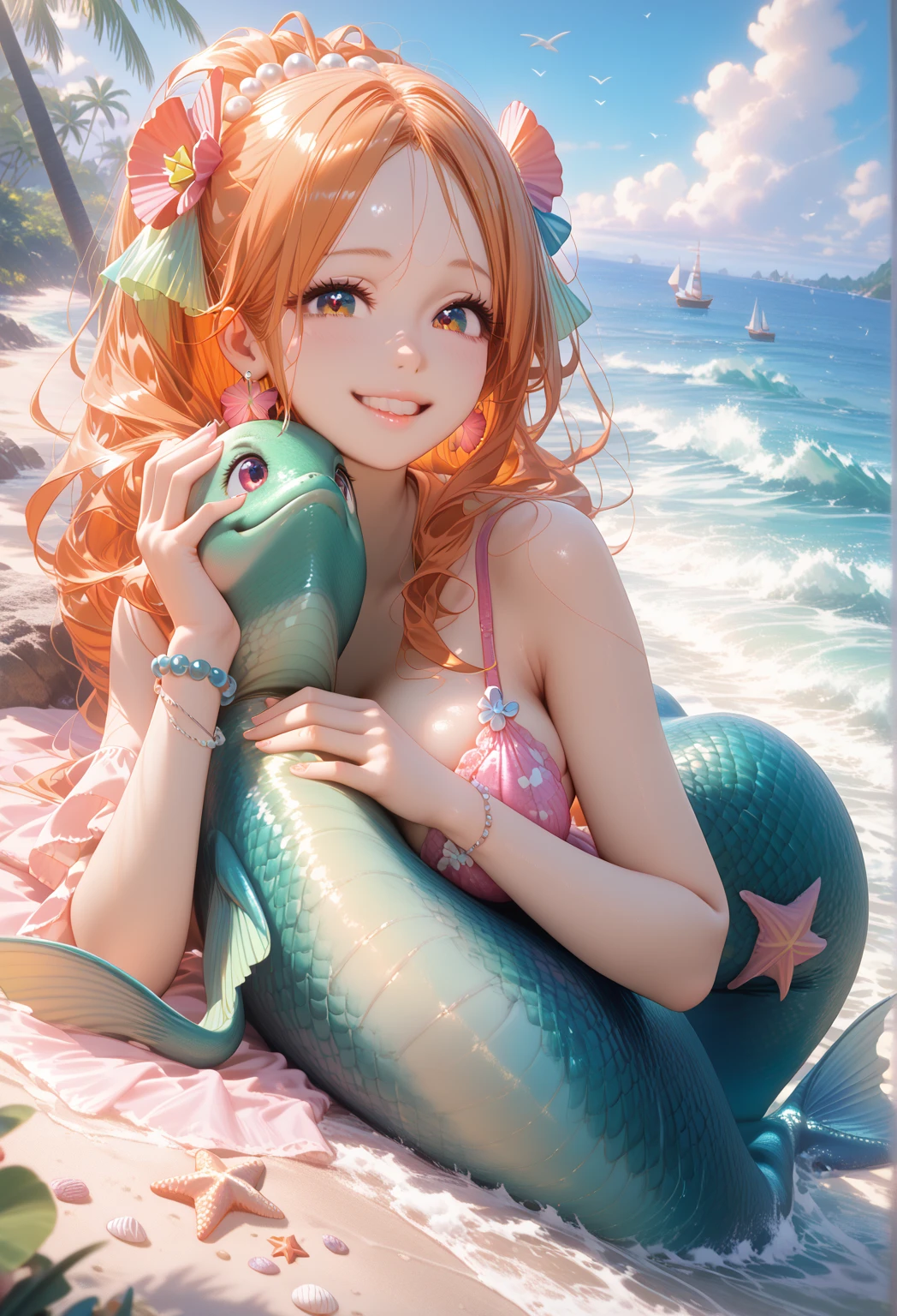 Thick tattooed Nami One Piece manga leaning forward ass focus doggy_style face in profile bottom up naked entire body open mouth tongue out rolling eyes ahegao versus tentacle anal penetration all the way through her body at beach