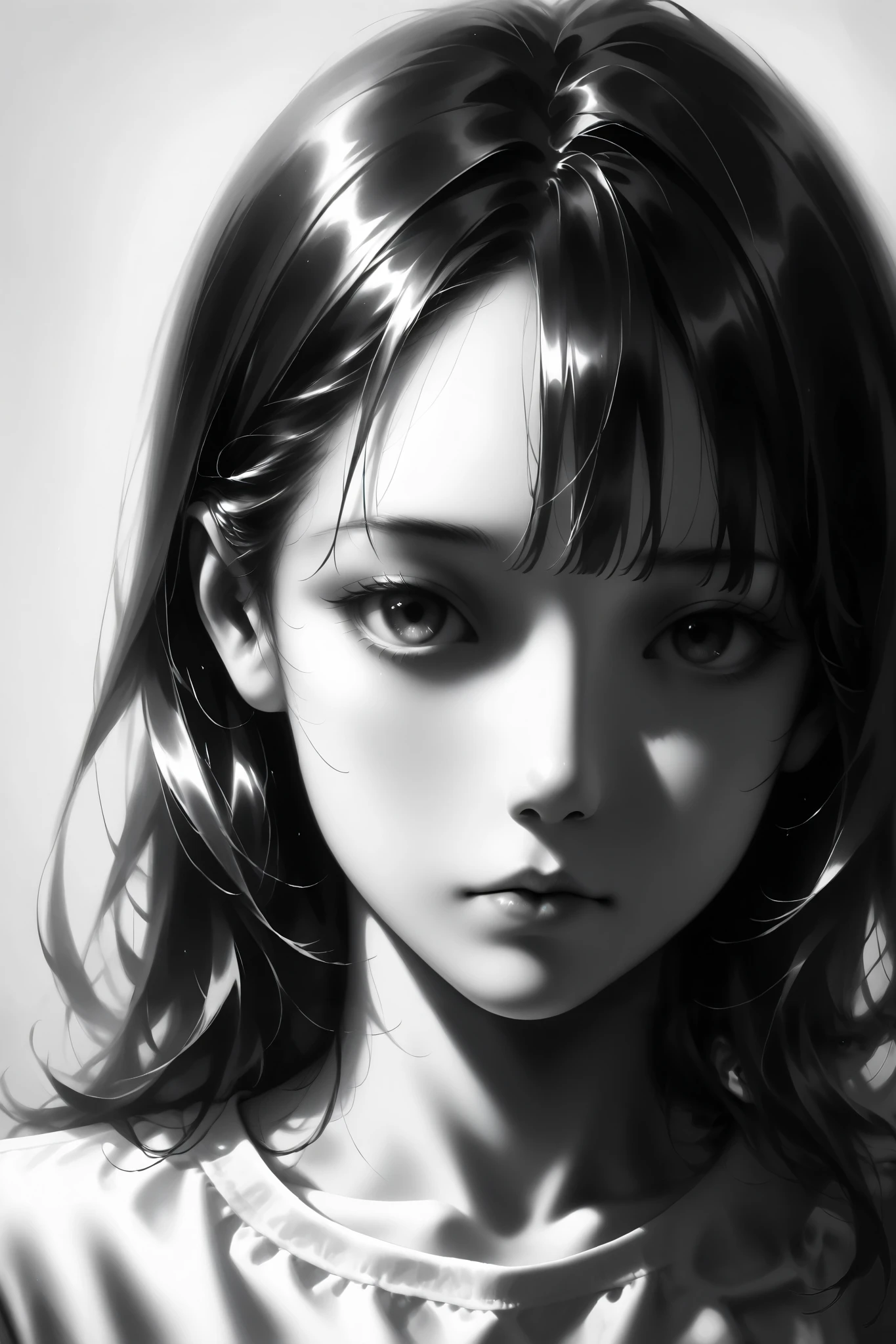 ((Best quality)), ((masterpiece)), ((realistic)), (1 girl: 1.5), The comic image of a girl with a crying face, colored manga style, ultra detailed, Nisio Isin, Krenz Cushart, sharp colors, hazy, close - up intensity, hurufiyya, monochromatic intensity, (black and white:1.3), eiichiro oda, clean face,