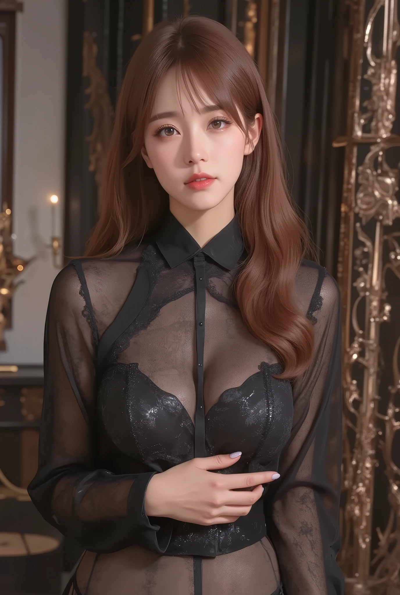 masterpiece, Graceful Mature Woman, Katarina ( Granblue Fantasy), slim, upper body, standing on a long-sleeved shirt and the , transparent black shirt, down blouse , areola slip , more details, high resolution, is ridiculous, Home, SEMI-REALISTIC, full body shot