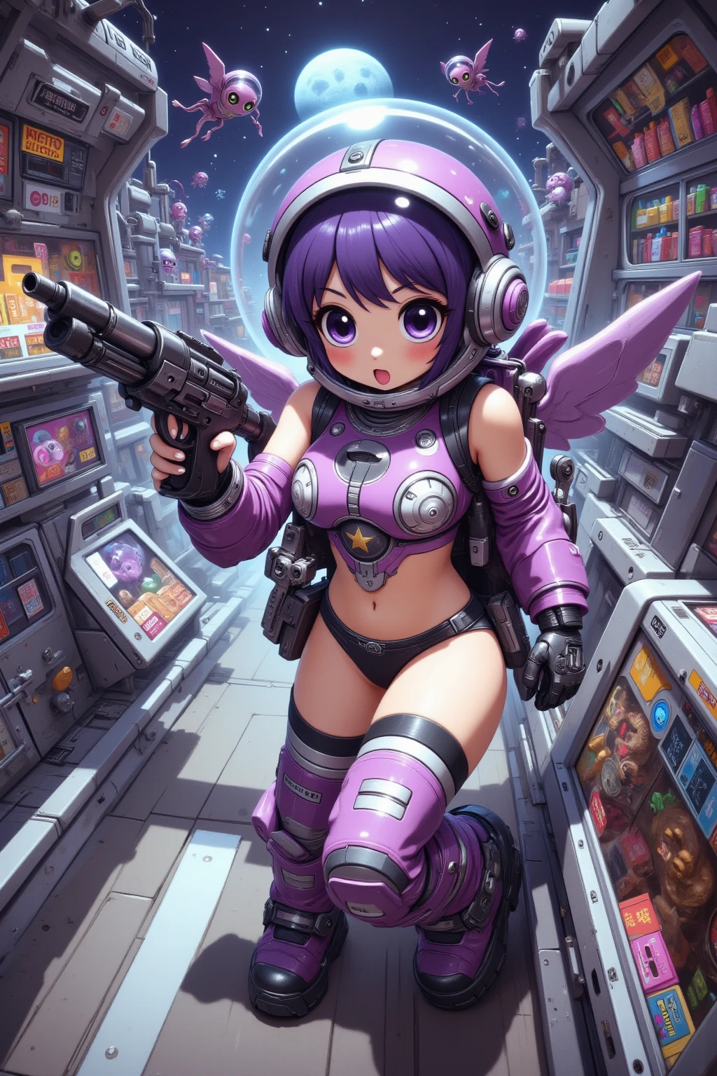 ((cuerpo completo, Mujer ((((desnuda)))), ((((naked))), (((nude))) en medio traje espacial sosteniendo una pistola frente a un planeta, Hermosa mujer en traje espacial, Anime Retrato Chica Cadete Espacial, Diosa Cyborg en el cosmos, sci-fi female, Girl astronaut armored portrait, Artgerm Julie Bell Beeple, Traje espacial futurista, Mujer poderosa sentada en el espacio, en traje espacial, Traje espacial interestelar, con un traje espacial en):2) {((solo/Una mujer/De pie derecho):1.5)}:{Princesa Zelda} ((vistiendo traje de astronauta de la NASA, con casco en la cabeza con cristal transparente):1.2), ((Brillantes ojos azules, Pelo corto rosa)1.2), ((Mirando al espectador con una mirada de amor, sonrisa):1.3), ((Pose extrovertida):1.3), She's in a futuristic camera. Enfoque amplio, 22x,