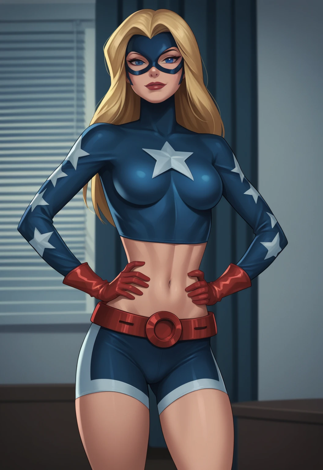 Young female, short blonde hair, wearing a blue outfit, wearing the Homelander costume, The Boys, Dressed in the Homelander outfit, wearing the United States flag on the cover