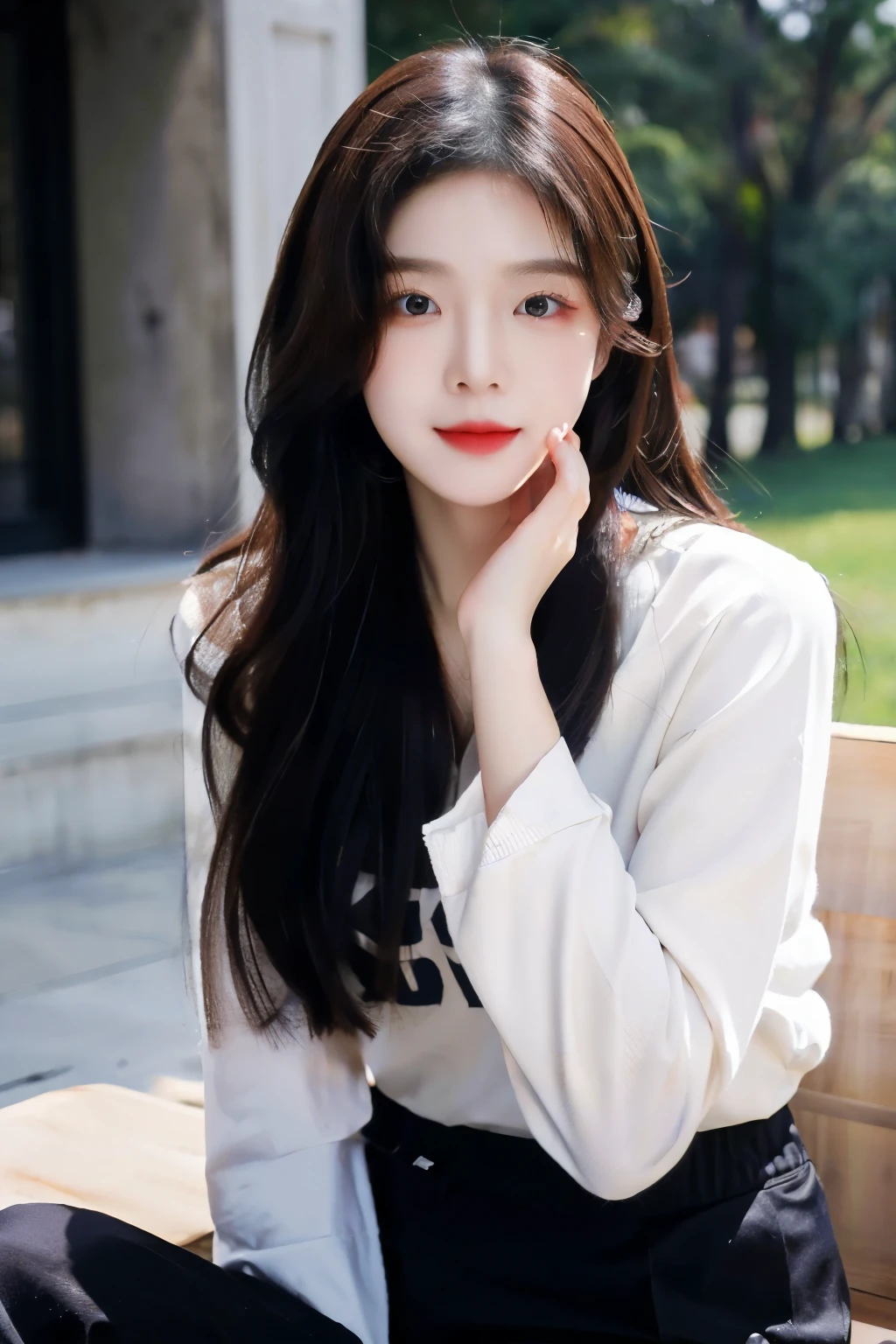 ((Masterpiece, high resolution, ultra detailed, 8k, raw photo)), 1 girl, graceful, soft skin, delicate face, perfect face, perfect eyes, (lying silkworm), brown hair, long hair, long sleeved t-shirt, cargo pants, pale skin, random pose, sexy girl, (smile: 0.7)