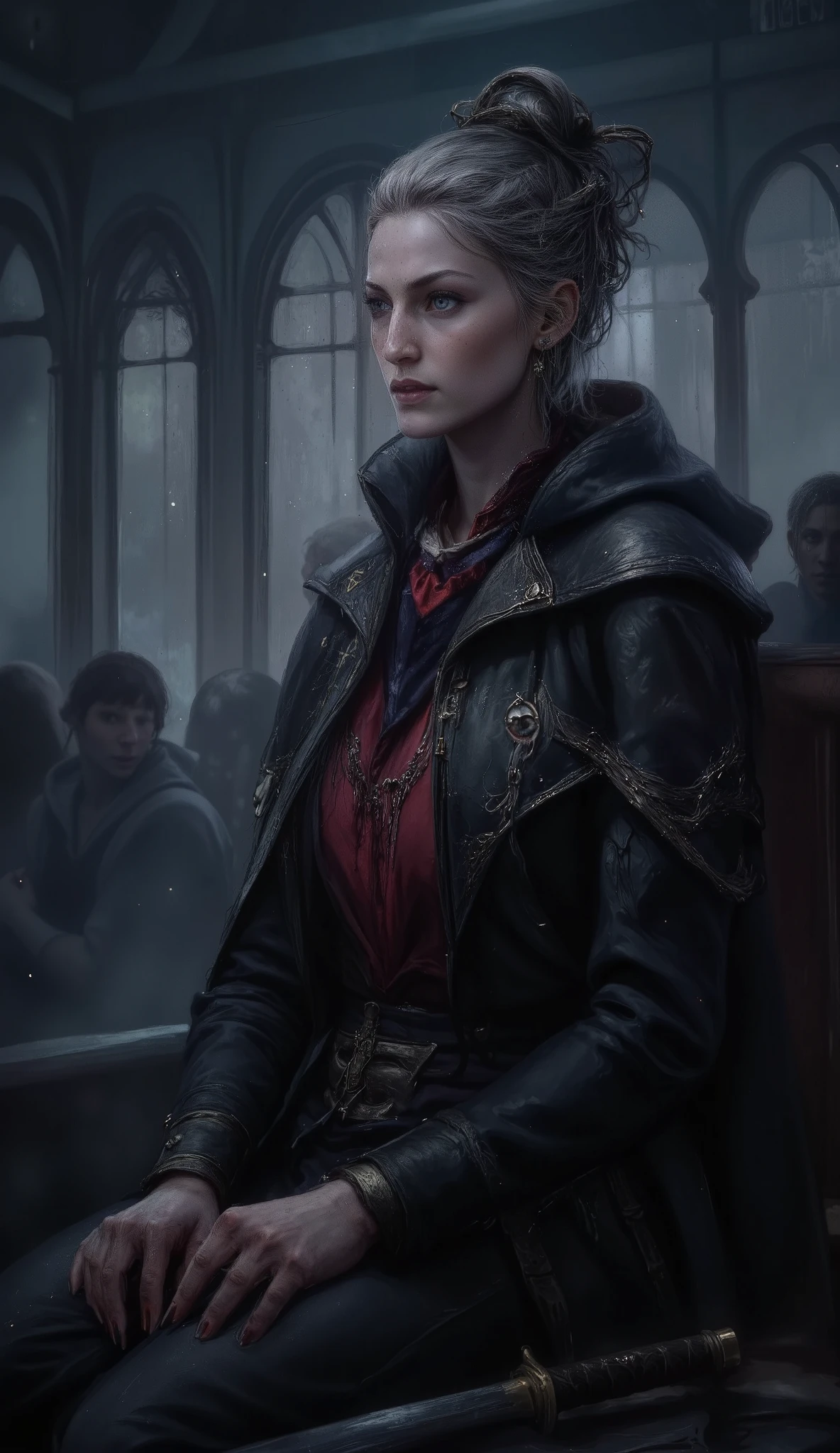 body masterpiece, very aesthetic, just a previous girl , DEMON HUNTER , cross pendant , gray threesome hair , black and red, long hair , Blue eyes, bright eyes, cross-shaped earring , plaido , strong hands, Sitting on a train at night ,blue sword , medium plane, from above , in the profile , Katana next to her , glowing with a black electric aura,sitting alone,dramatic light, dim lighting , very detailed face ,Detailed Katana, negativeXL_D
