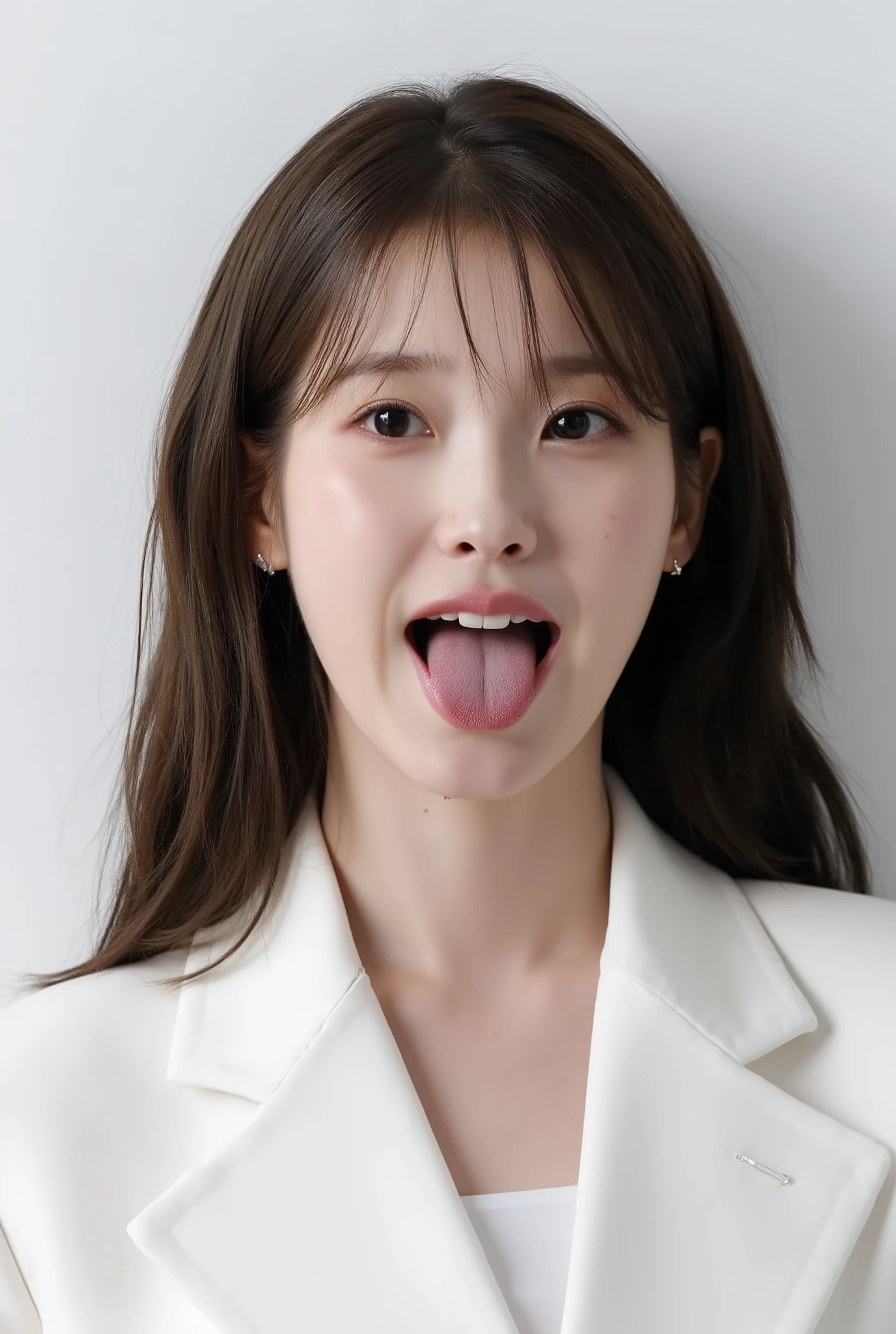 Ultra High Definition 。 reality。 A headshot of a brunette Asian age girl。IU, Straight hair。 amazed, She has closed her eyes , She opened her mouth wide, And she stuck out her tongue 。White room ,semen , Sleep