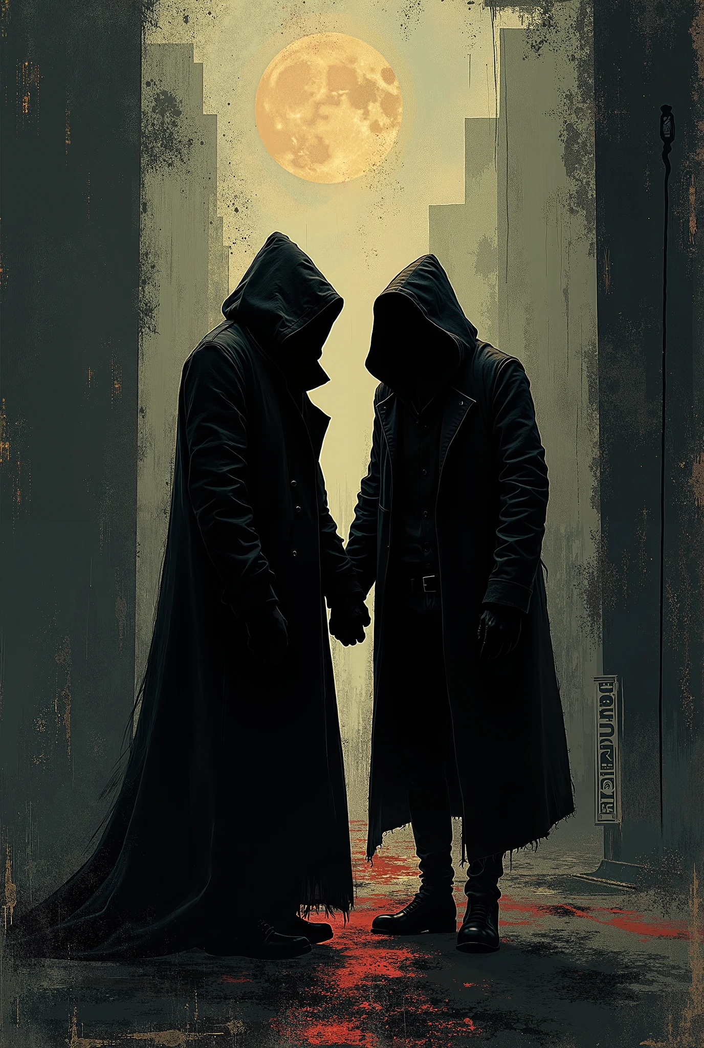 "Two characters meet: A thin man with short black hair, wearing a long cape and a black mask. Beside him stands another thin man, in a black hoodie with the hood over his head. They shake hands. Both are minimalist characters, in 8k resolution, photorealistic style, cinematic lighting, with a melancholic atmosphere, dramatic shadows, and a muted color palette."