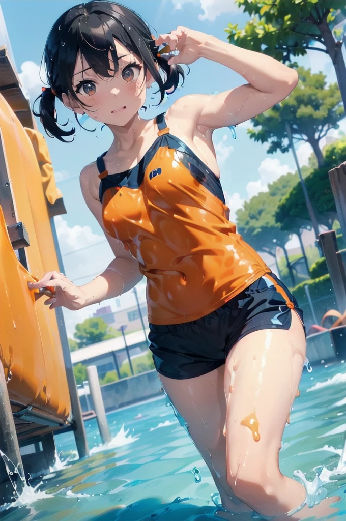 (Dripping wet with slippery liquid lotion:1.5),(Orange swimsuit((Orange camisole)),Navy blue piping),(Navy blue shorts),Black Hair,(Water playground in the park:1.2),(Leaning forward pose:1.4),