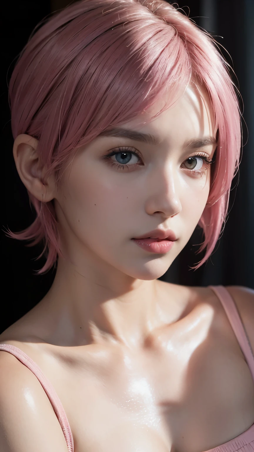 high quality,masterpiece,extremely detailed,high res,4k,ultra high res,detailed shadow,ultra realistic,realistic,dramatic lighting,1girl,solo,detailed face,realistic eyes,realistic skin,pink hair,dynamic pose, dynamic angle, white flowery dress, short hair cut,white background