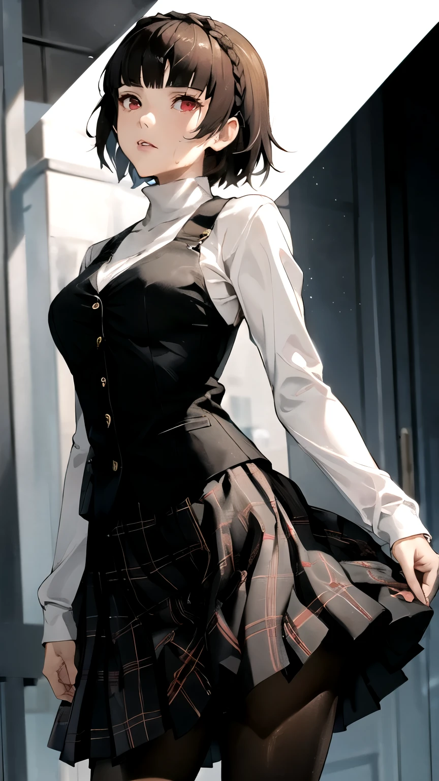 ((masterpiece,best quality)), {DATE_artstyle_LoRA : Manga_Style} {horror_edit}  {horror_manga } { ( makoto nijima, blunt bangs, braid, brown hair, crown braid, (red eyes:1.3), short hair, ), perfectly_shape_breast : perfectly_fit_body   } { black pantyhose, black skirt, black vest, bow, checkered clothes, checkered skirt, long sleeves, miniskirt, pantyhose, plaid, plaid skirt, pleated, pleated skirt, red bow, school uniform, shirt, shuujin academy school uniform, skirt, sweater, sweater vest, turtleneck, turtleneck sweater, vest, white shirt, white sweaterr  } {standing :  } { no_emotion : hypnotic_eyes : hypnotized_eyes : lazy_eyes} { sweating  } { : dark room :  : messy :  }