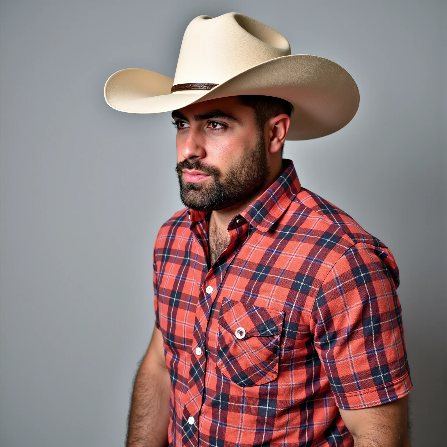   An Arafat man wearing a cowboy hat and plaid shirt posing for a photo,   a color photo inspired by Clint Cearley  , Trends on Pexels,  fantastic realism , Western clothing , Cowboy style, , con una camisa de flannel, 🤠 using a 🖥, cowboy theme , flannel, Man and Tough  , with a plaid shirt, Country style