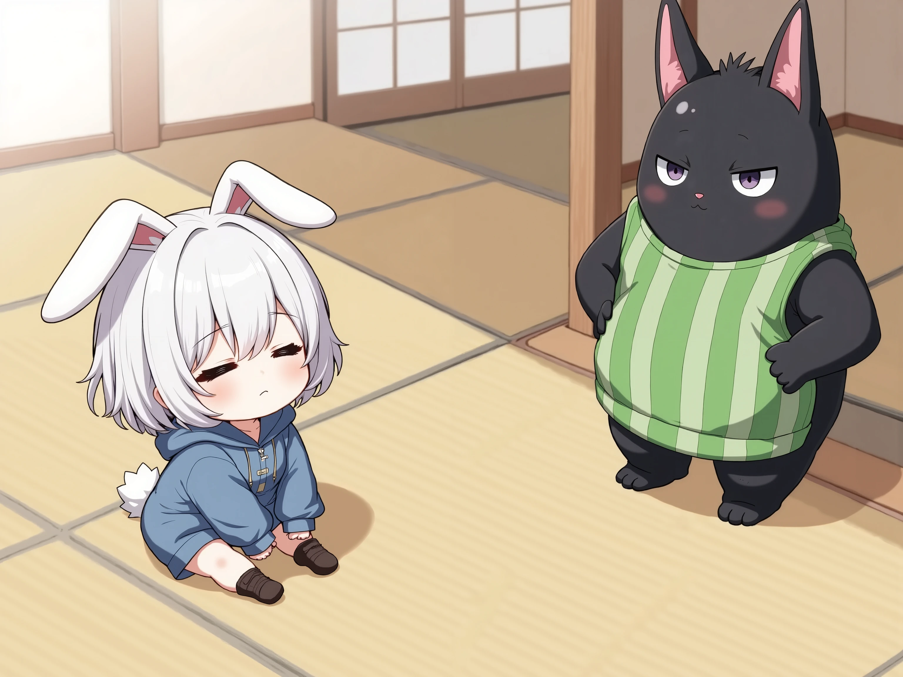 1chibi character and 1 human-like giant black cat,1chibi character\(short hair, bunny ears, closed eyes,white skin,peaceful expression, a girl wearing a hoodie, a hood with rabbit ears,on the left, Dogeza pose,facing right and kneeling. head is on the ground,human-like giant black cat\) ,
1 human-like giant black cat\( human-like giant black cat, wearing a vertical striped green apron, slight taller than the girl, little chubby,Standing on the right, facing left, hands on hips, slightly angry expression,Facing the direction of the chibi character\),full body,From above, a Japanese-style room, lying on a tatami mat,don't look at the audience