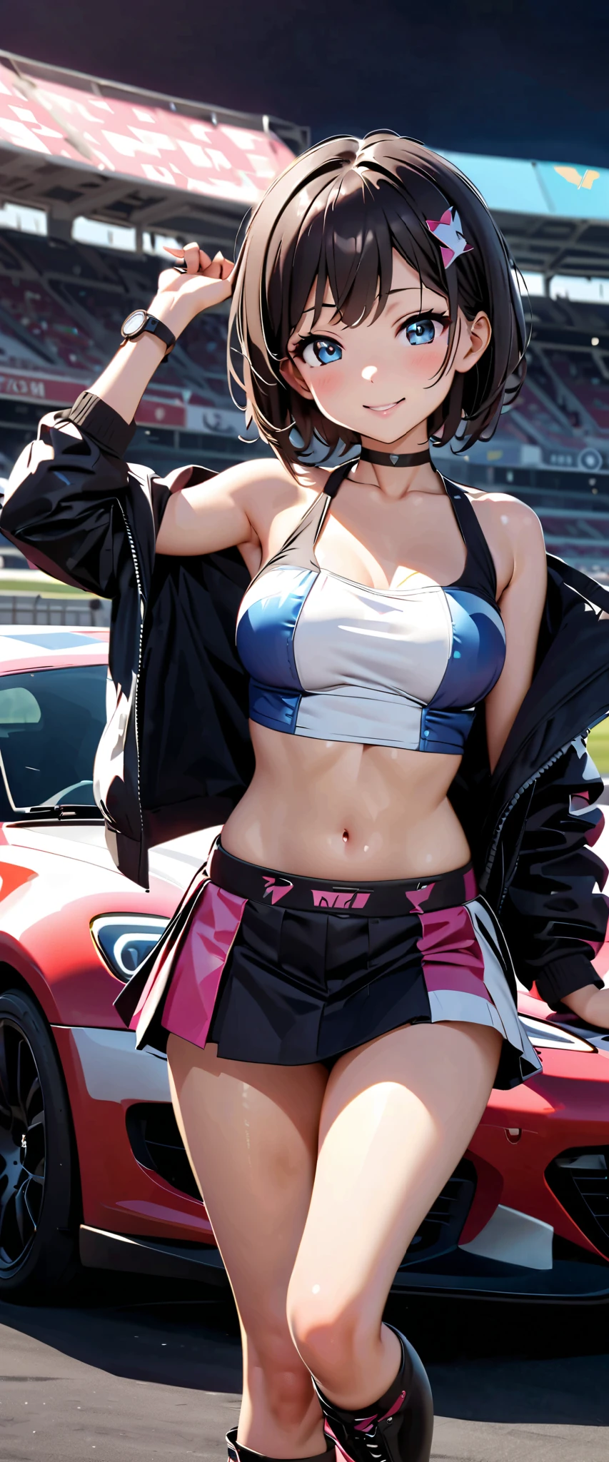 best quality, super high resolution, One person, small breasts, black choker under the chest, smile, exposes shoulders, focus only , Watch viewers,Fair skin,Car racing track, photon mapping, physical based rendering, RAW photos , highly detailed background , K-pop Idol , depth of coverage, hair ornament, detailed face, glowing skin, game cg,whole body, shiny micro mini skirt,shiny micro tube top,shiny knee-high long boots, Race Queen,Big Breasts, cute pose , sports car,Hold a jacket in your hand ,Gloss Lip,Tojo