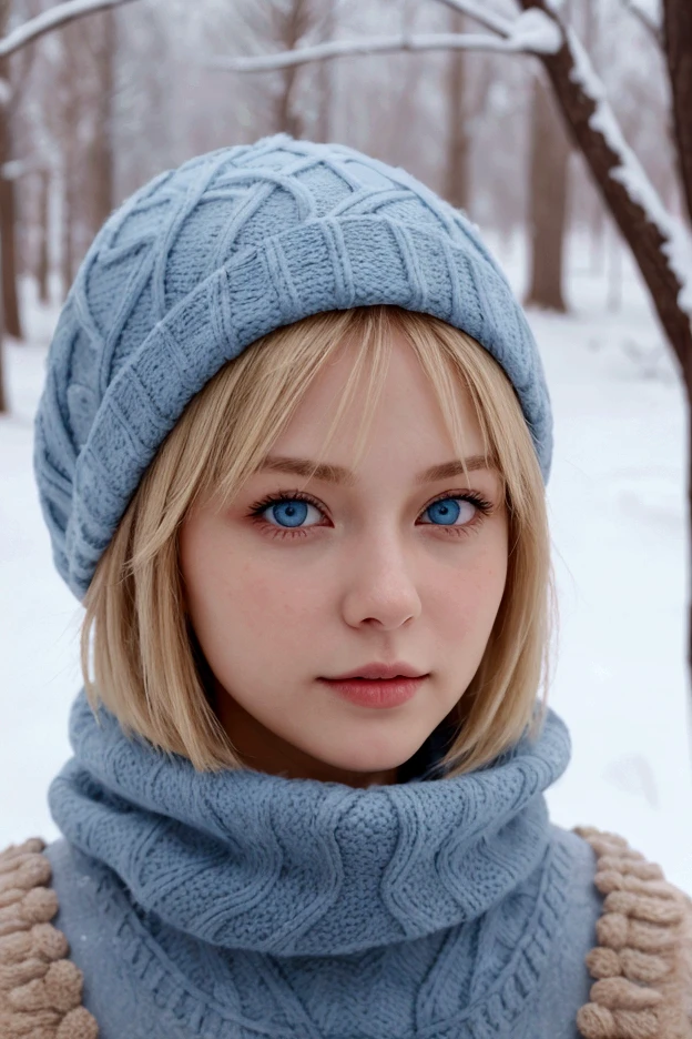 bianca, a 17 year old girl with delicate features. She has blonde hair and green eyes. Their skin is white as snow, and she exudes an air of grace and mystery. angry expression, wears a green sweater with a red scarf