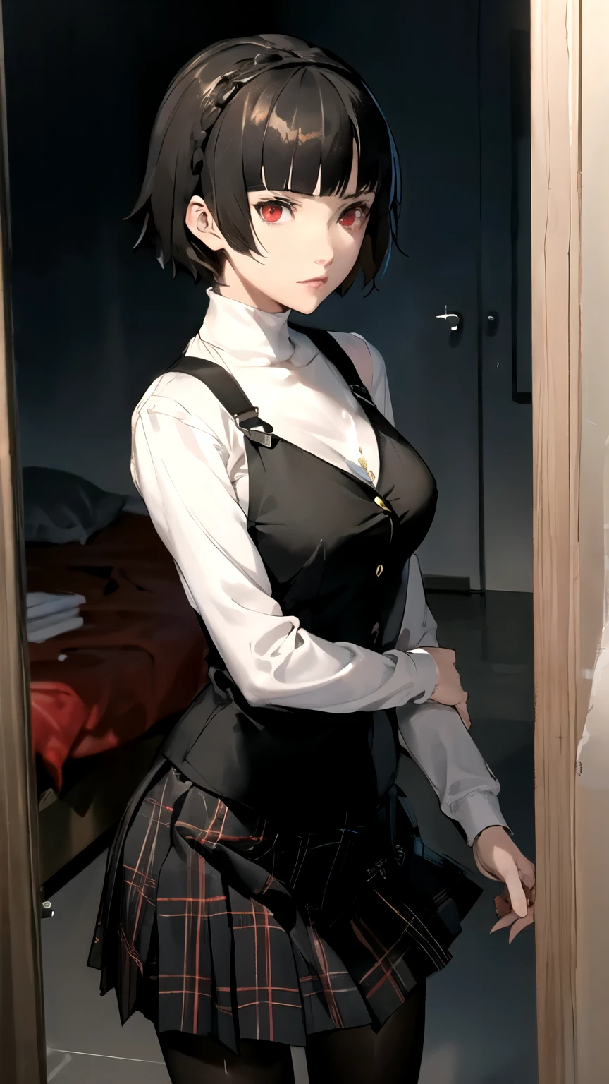 ((masterpiece,best quality)), {DATE_artstyle_LoRA : Manga_Style} {horror_edit} {horror_manga } { ( makoto nijima, blunt bangs, braid, brown hair, crown braid, (red eyes:1.3), short hair, ), perfectly_shape_breast : perfectly_fit_body } { black pantyhose, black skirt, black vest, bow, checkered clothes, checkered skirt, long sleeves, miniskirt, pantyhose, plaid, plaid skirt, pleated, pleated skirt, red bow, school uniform, shirt, shuujin academy school uniform, skirt, sweater, sweater vest, turtleneck, turtleneck sweater, vest, white shirt, white sweaterr } {standing : } { no_emotion : hypnotic_eyes : hypnotized_eyes : lazy_eyes} { sweating } { pervert geek room : dark room : : messy : }