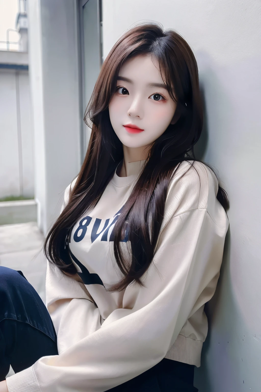 ((Masterpiece, high resolution, ultra detailed, 8k, raw photo)), 1 girl, graceful, soft skin, delicate face, perfect face, perfect eyes, (lying silkworm), brown hair, long hair, long sleeved t-shirt, cargo pants, pale skin, random pose, sexy girl, (smile: 0.7)