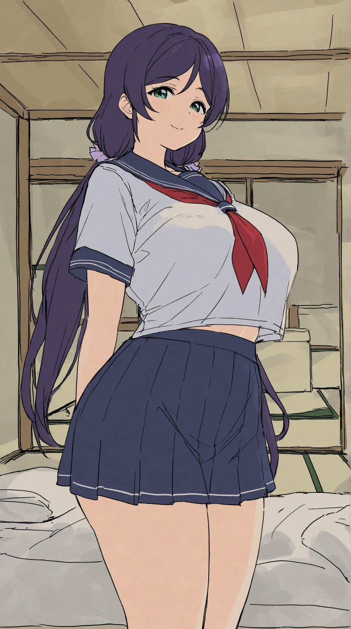 masterpiece, best quality, highres, komi shouko, purple hair, long hair, side ponytail, blue ribbon, large breasts, earrings, thigh boots, blue shirt, sleeveless shirt, white skirt, hand on hip, salute, smile, outdoors, cowboy shot