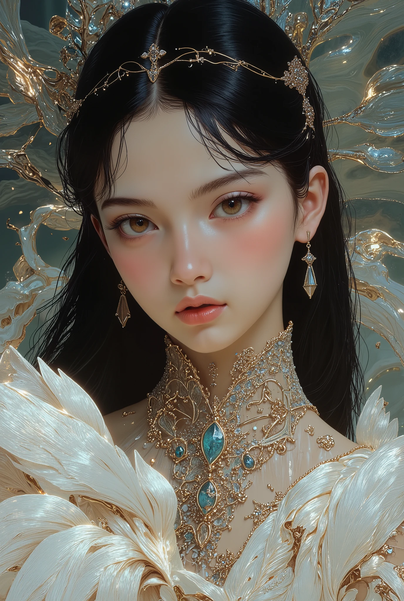 A highly detailed and realistic portrait of a beautiful young princess with features inspired by the elegance and symbolism of a white swan. She is a Malay girl with soft, radiant skin and thick, well-defined eyebrows that frame her expressive eyes. Her eyes are deep and luminous, resembling the serenity and wisdom of a swan, with a warm brown hue that exudes elegance and inner strength. Her hair is long, smooth, and glossy black, cascading over her shoulders like flowing swan feathers. Her outfit is a full-length, intricately designed dress inspired by ballet, adorned with delicate embroidery and shimmering accents, blending regal and graceful aesthetics.
The background is softly blurred with abstract hints of glowing light and ripples resembling water, creating a dreamlike and ethereal atmosphere. The lighting highlights her facial features and the details of her clothing, evoking the mystical symbolism of swans as spiritual beings of grace and transformation. Created using hyper-realistic detailing, Symbolist-inspired aesthetics, and HD rendering, the image captures a fusion of natural beauty, cultural elegance, and the ethereal essence of a spirit animal