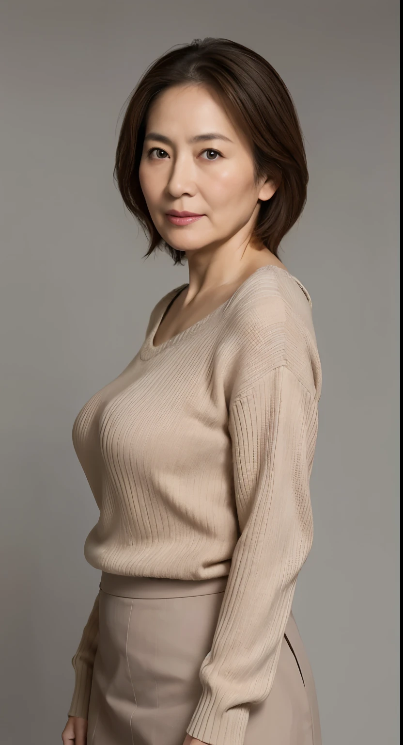hight resolution, high-level image quality, high detailing, masterpiece, Textured skin, tre anatomically correct, sharp, greybackground((japanese mature, sixty years old)), 独奏, ((Wrinkles on the face)), large breasts with good shape, Straight light brown hair that reaches to the shoulders, chubby figure (((Stand upright, facing the center of the screen.))), Close your mouth and look straight ahead with a serious face, Sweaters, skirt by the, ((cowboy shot)),
