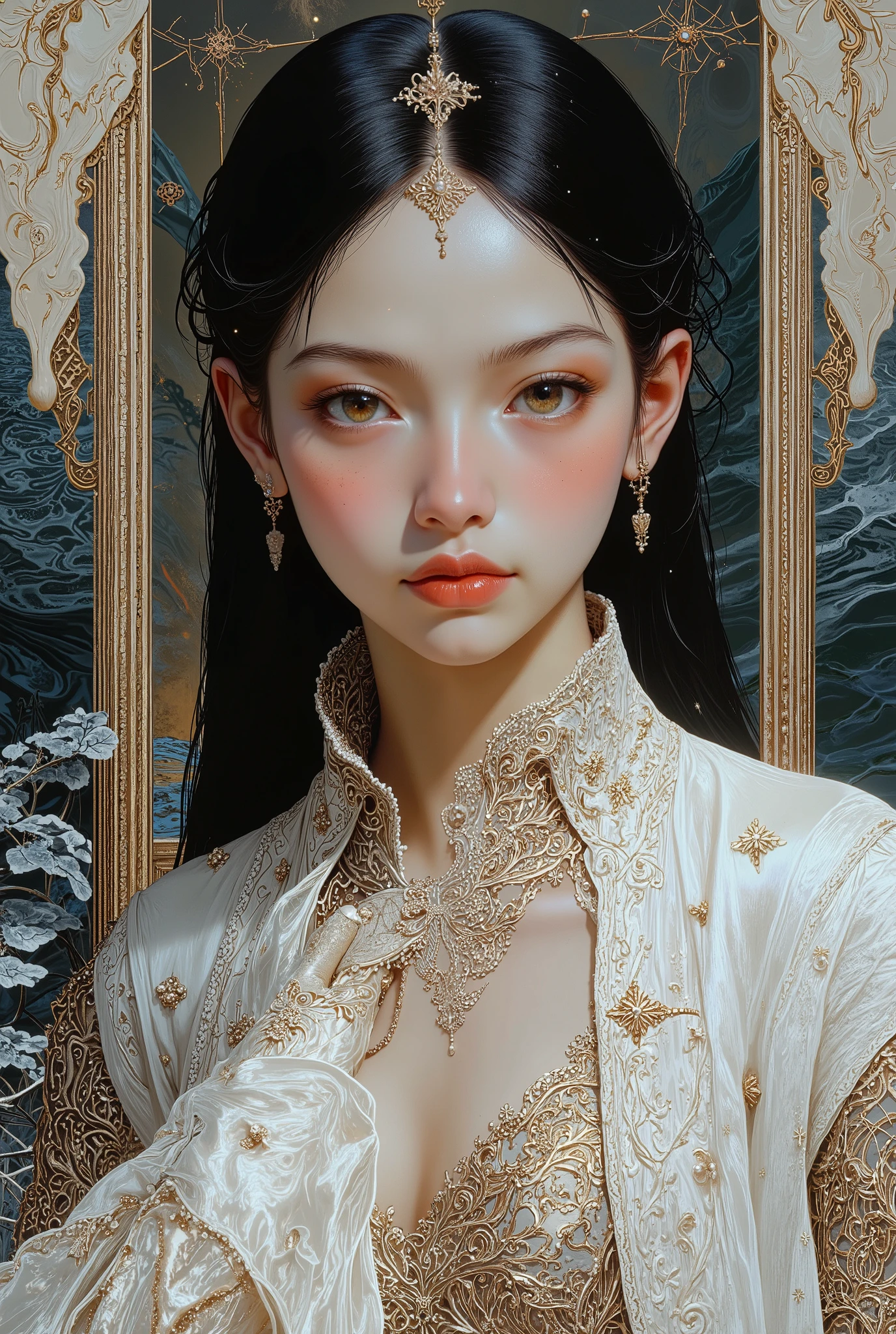 A highly detailed and realistic portrait of a beautiful young princess with features inspired by the elegance and symbolism of a white swan. She is a Malay girl with soft, radiant skin and thick, well-defined eyebrows that frame her expressive eyes. Her eyes are deep and luminous, resembling the serenity and wisdom of a swan, with a warm brown hue that exudes elegance and inner strength. Her hair is long, smooth, and glossy black, cascading over her shoulders like flowing swan feathers. Her outfit is a full-length, intricately designed dress inspired by ballet, adorned with delicate embroidery and shimmering accents, blending regal and graceful aesthetics.
The background is softly blurred with abstract hints of glowing light and ripples resembling water, creating a dreamlike and ethereal atmosphere. The lighting highlights her facial features and the details of her clothing, evoking the mystical symbolism of swans as spiritual beings of grace and transformation. Created using hyper-realistic detailing, Symbolist-inspired aesthetics, and HD rendering, the image captures a fusion of natural beauty, cultural elegance, and the ethereal essence of a spirit animal