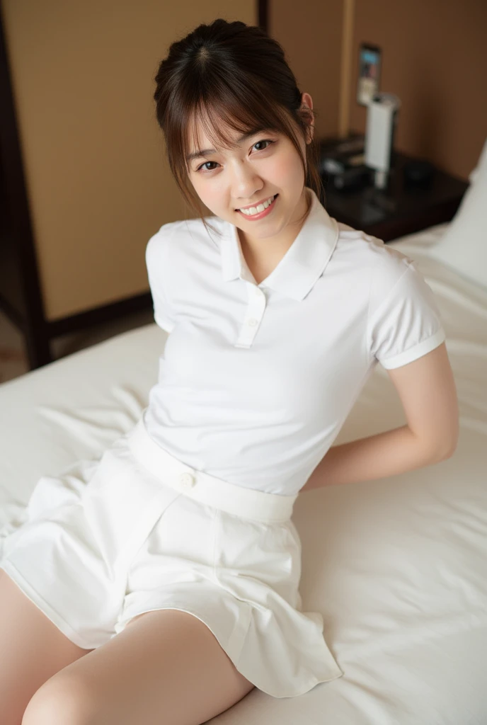 (Masterpiece, Best quality: 1.4), (Ultra realistic, Photo-realistic: 1.2), Full body, (kneeling: 1.3), Looking at viewer, Natural light, 18 years old actress, Japanese women, (arms behind back: 1.2), Neat and clean, ((White tennis uniform, White short-sleeve polo shirt with collar:1.2)), (unbutton:1.3), ((White tennis pleated skirt:1.2)), Wearing white sock, (ponytail: 1.2), Light brown hair color, (Beautiful Face), Oval face, clear, (Beautiful eyes, Kind eyes), (Clear skin), Small face, (Small mouth, Beautiful mouth), Natural makeup, Approachable, Luxury hotel Suite room, On bed, (nsfw:1.1), Seductive smile, Seductive pose, Beautiful thighs, Bedroom eyes,