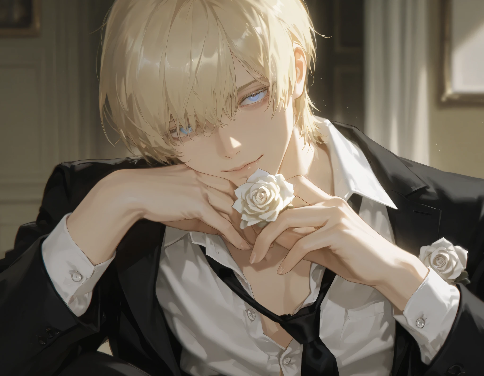 masterpiece, best quality, 1boy, blurry background, light leaks, solo, lips, perfect hands, male focus, detailed blue eyes on board, sharp face features, holding large blonde of white rose to viewer, looking at viewer, detailed fully blonde hair, total brunette, curtain cut center part with face-framing fringe hair on background, 25 years old, handsome face, black suit top with a porcelain white shirt, loosened black tie, unbuttoned two buttons on shirt, gentle expression, beautiful handsomely