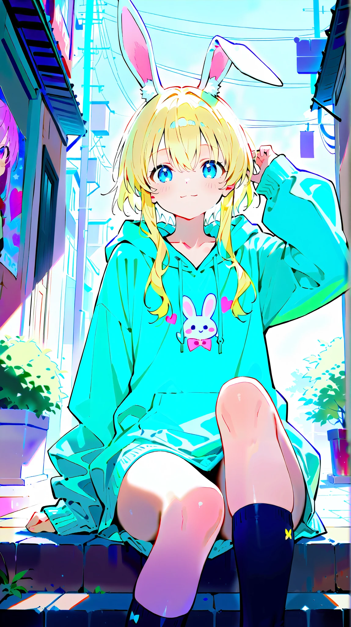 pretty strong transformation 、 cute anime girl with small head and body 、 Cute rabbit ears are smiling 、Bold poses、 dreamy cute 、Sickly cute、 simple oversized pullover 、 Knee High Socks 、 urban background、 poster style 、flat-colors、 Carefully calculated 、 arranged motifs 、HIGH QUALITY DESIGN 、 kitschy aesthetics