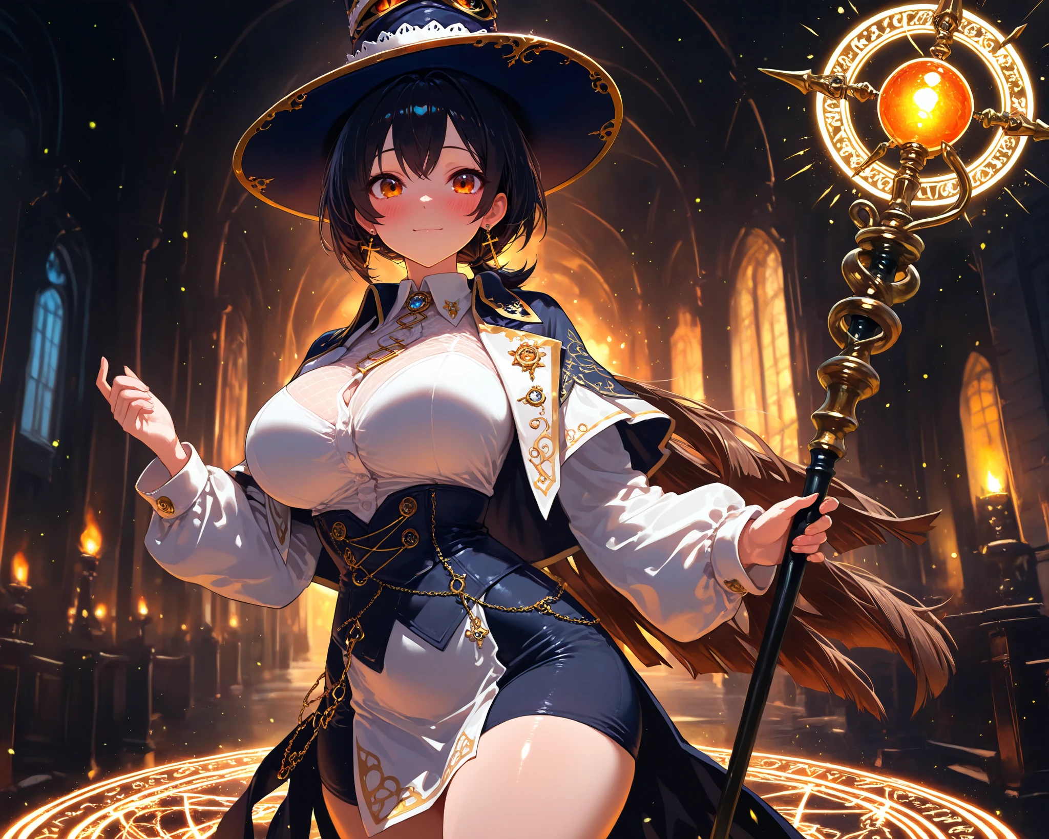 cowboy shot, very cute face, cute girl, solo, short hair, low ponytail hair, ((Black hair with brown ends)), orange eyes, large breasts, wicth costume, wicth hat, cross Pierced earrings, blush, curvy beauty, flawless smooth skin, looking at viewer, glowing A staff, magic circle, fantasy scenery, particles, fractal, (best quality,4k,8k,highres,masterpiece:1.2),ultra-detailed,intricate details, high fashion, dramatic lighting, warm colors, chiaroscuro