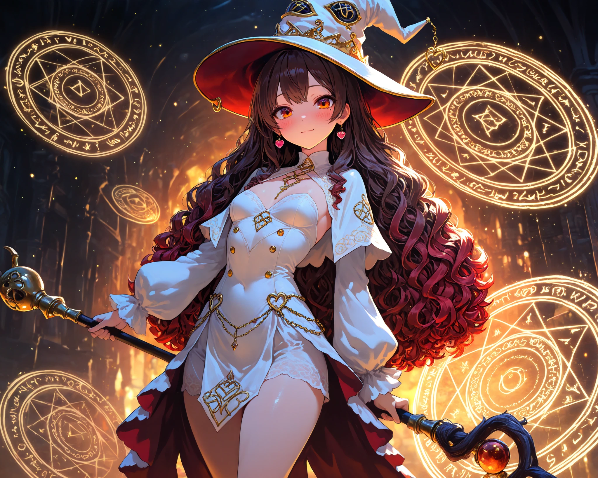 cowboy shot, very cute face, cute girl, solo, long hair, wavy hair, ((brown hair with red ends)), Mole under the left eye, orange eyes, flat breasts, wicth costume, wicth hat, heart Pierced earrings, blush, flawless smooth skin, looking at viewer, A staff, magic circle, fantasy scenery, particles, fractal, (best quality,4k,8k,highres,masterpiece:1.2),ultra-detailed,intricate details, high fashion, dramatic lighting, warm colors, chiaroscuro