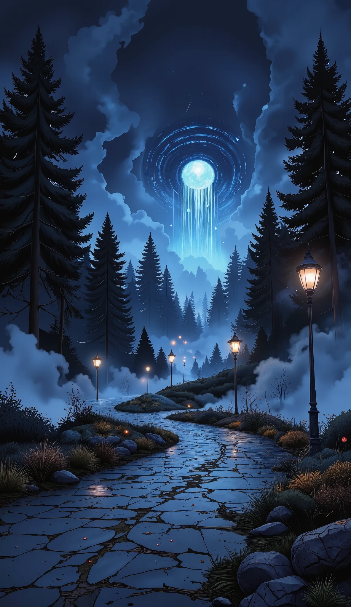 bosque de darkness, streetlights, A cobblestone path , mist at ground level. darkness, Dark Black Background