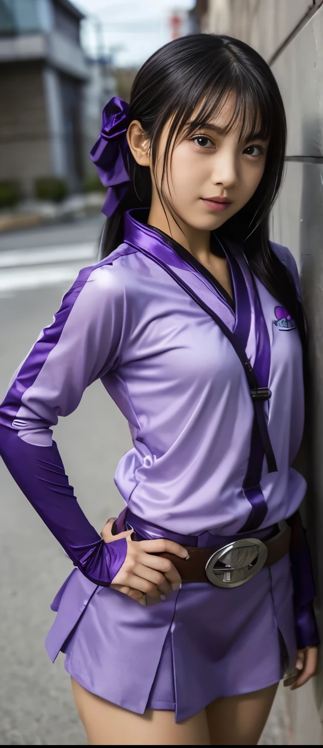 Pure Ninja Idol Girl 、A pure girl's face、Tanned Thick Legs 、cool purple ninja costume、、Cool Belt、Purple Mist