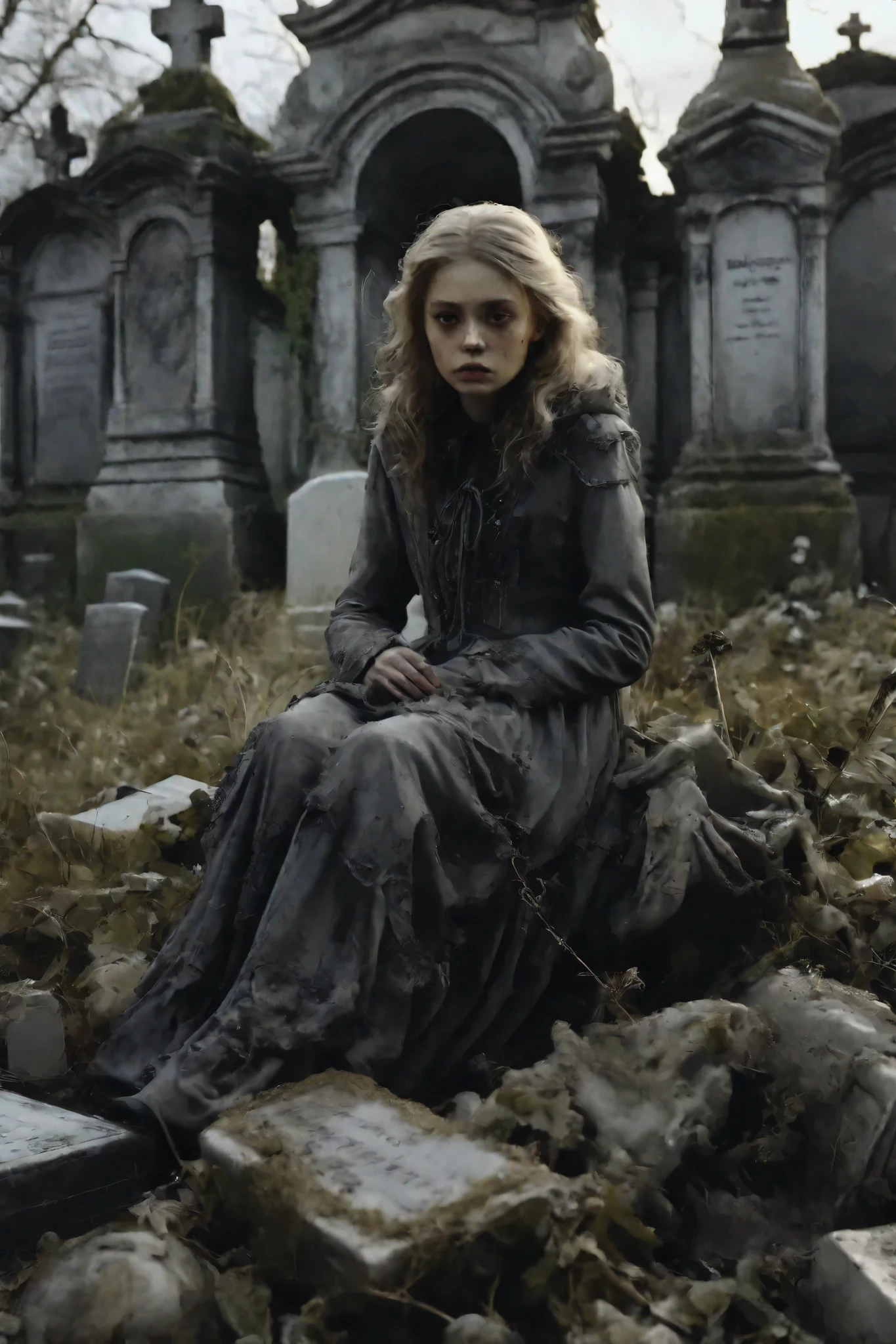 Macabre dolls surround a young woman in a l filthy old cemetery. Large headstones, statues. Struggling in agony, surrounded by tattered dirty dolls and rotting fungus, the woman collapses in front of a large headstone. Ultra realistic, photo realistic, cinematic photography, cinematic lighting, realism, 3D render, hyper detailed, photorealistic, Artistic statues,3D marble Sculpture, Surface cracks, filth and spiderwebs, rough Texture, masterpiece.