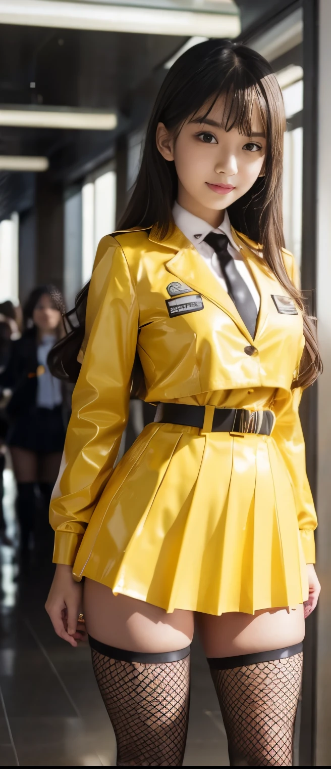 pure idol girl、A pure girl's face、Tanned Thick Legs 、yellow latex uniform、Gorgeous Belt 、 fishnet tights