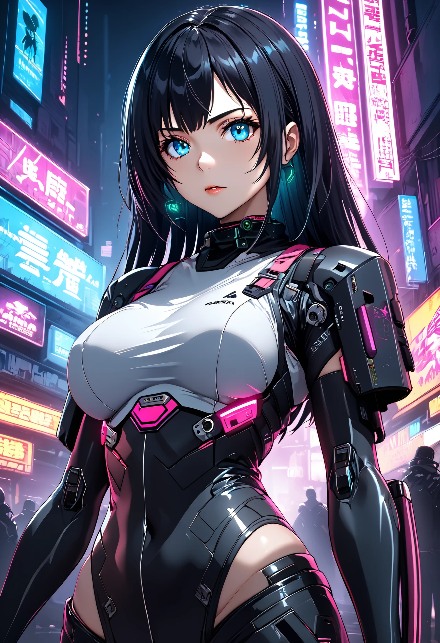 Anime girl with black hair, long and straight hair, neon lights, light blue eyes, D size breasts, cyberpunk anime girl, Best 4K anime wallpapers by konachan, cyberpunk anime digital art, cyberpunk anime art, digital cyberpunk - anime art, female cyberpunk anime girl, Ayame Kajou anime girl in mech cyberpunk style, 4K anime style, perfect android girl, cyberpunk anime art, modern cyberpunk anime, cyberpunk anime, Nightcore
