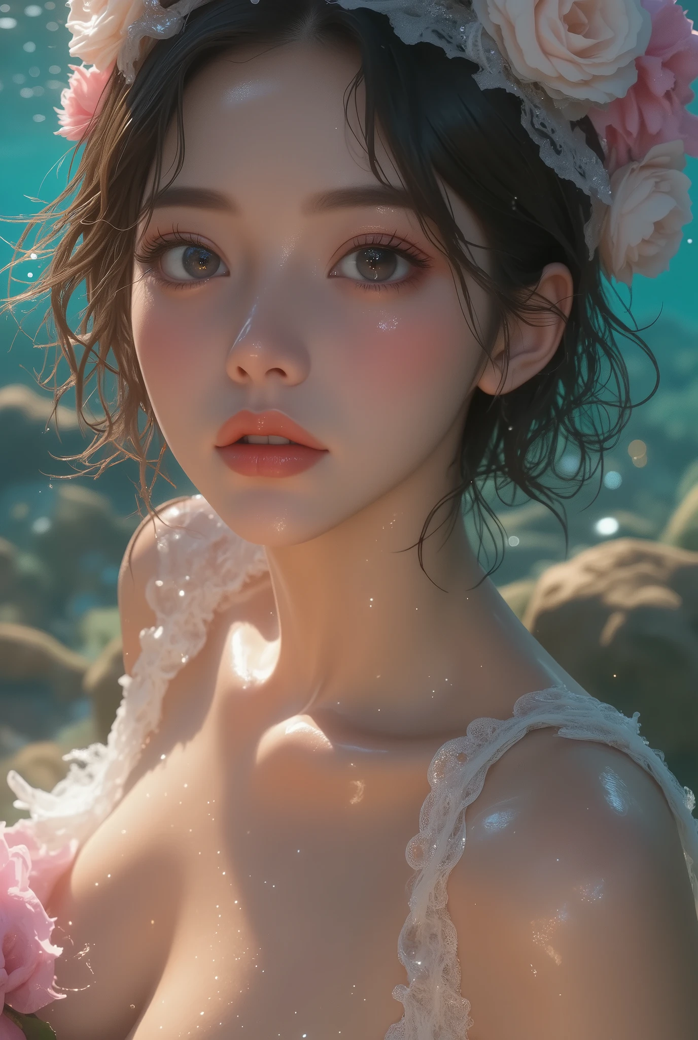 Masterpiece:1.2, best quality ), realistic , (live-action, intricate detail in wet water, fisheye lenses ), ( 1 Girl, alone), makeup , I tied my lips, detailed, perfect face , ( skidentation ), thighs, Big Breasts, deep cleavage , sexy long legs, Wide Hips , constricted, is tall, Shiny Coral Lips ,, (Girl in wedding dress holding flowers in hand )), sexy, blanking, Mikasa from AOT
