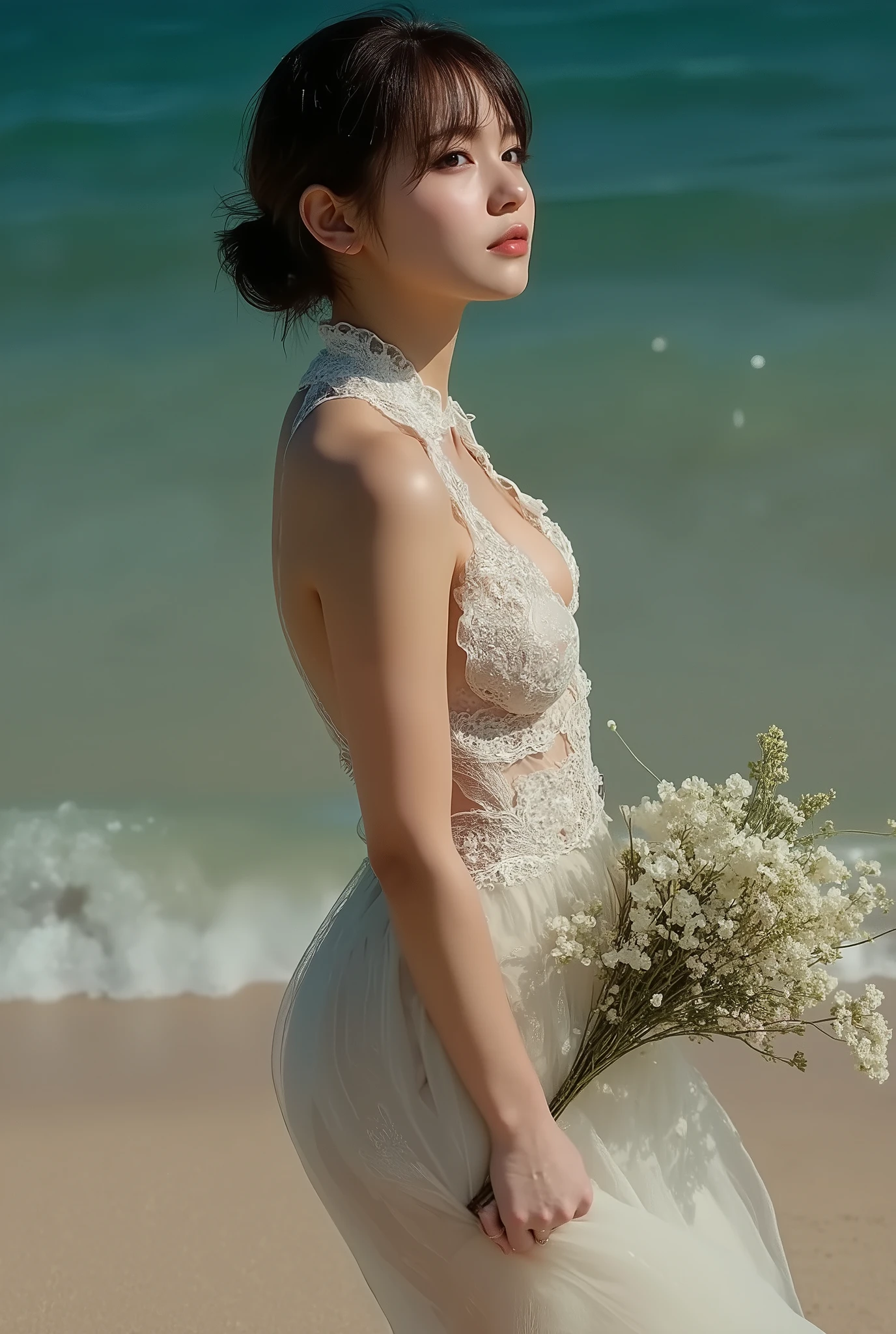 1 woman, (looking at viewer:1.2), detail face, (standing girl, Lending on cgsociety, beach background), romanticism, atmosphere, (RAW photos, best quality), (realistic, photo-realistic:1.3), masterpiece, very delicate and beautiful, very detailed, d cup,class photo,(Wear a translucent tulle dress1.5)