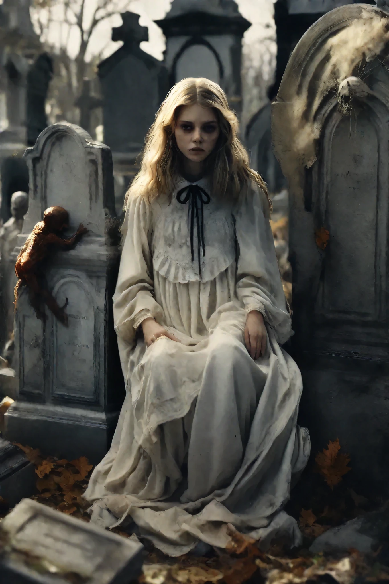 Macabre dolls surround a young woman in a l filthy old cemetery. Large headstones, statues. Struggling in agony, surrounded by tattered dirty dolls and rotting fungus, the woman collapses in front of a large headstone. Ultra realistic, photo realistic, cinematic photography, cinematic lighting, realism, 3D render, hyper detailed, photorealistic, Artistic statues,3D marble Sculpture, Surface cracks, filth and spiderwebs, rough Texture, masterpiece.