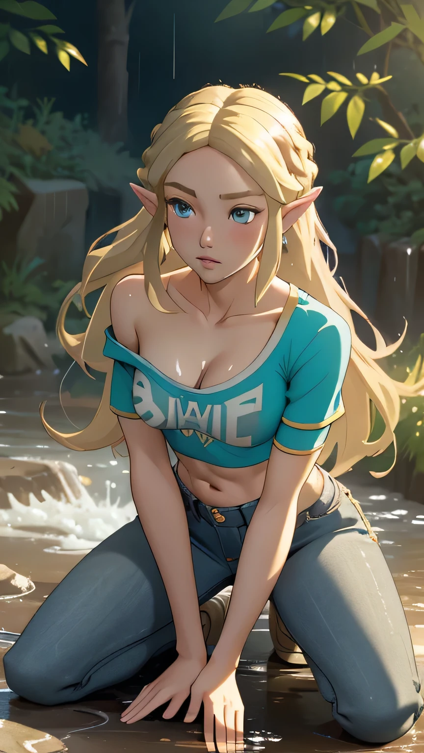 ((masterpiece)),(illustration),(((best quality)),iridescent, high resolution illustration,Amazing,highres,intricate detail, extremely detailed CG unity 8k wallpaper ((zelda)), full body, large breasts, (delicate cute face), blond long hair, lovestruck,(green eyes), smile, joyful, young teen, narrow waist, young girl, 15 year old girl, seductive, tight body, wavy hair, outdoors, sexy pose, sports bra, shorts, cleavage, side view, profile view, tight ass