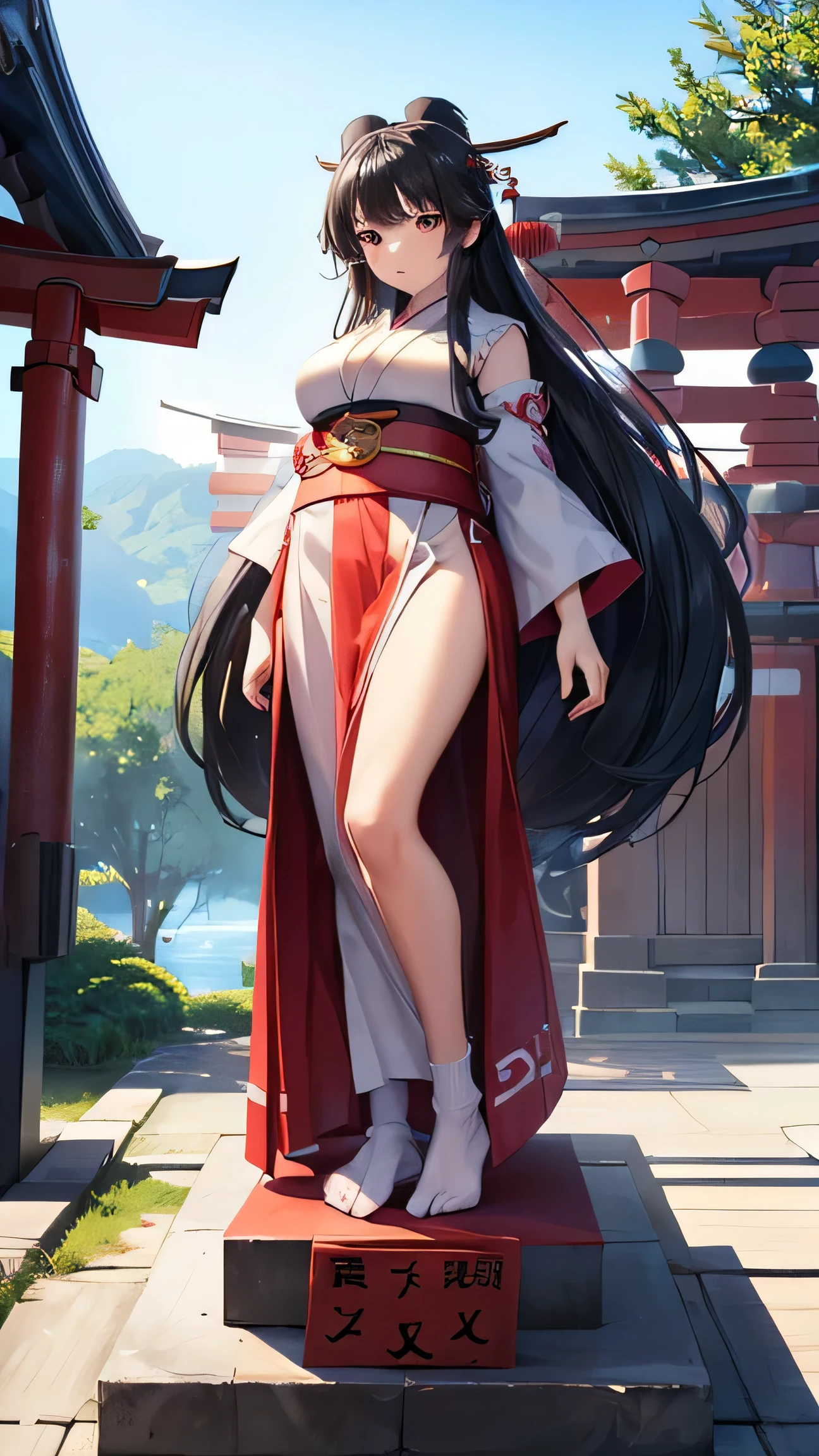 1girl, avpmd, hair over one eye, mechanical curled horns, mechanical cat ears, Miko, shrine, scarlet hakama, white kosode, body stocking, best quality, ((masterpiece)), <lora:AugustVonParsevalXLBA:0.8>, highly detail, ray tracing, (full body), depth of field, rating: sensitive, naughty face, happy, misty morning, sun twilight, moody, three-quarter, mile shoot