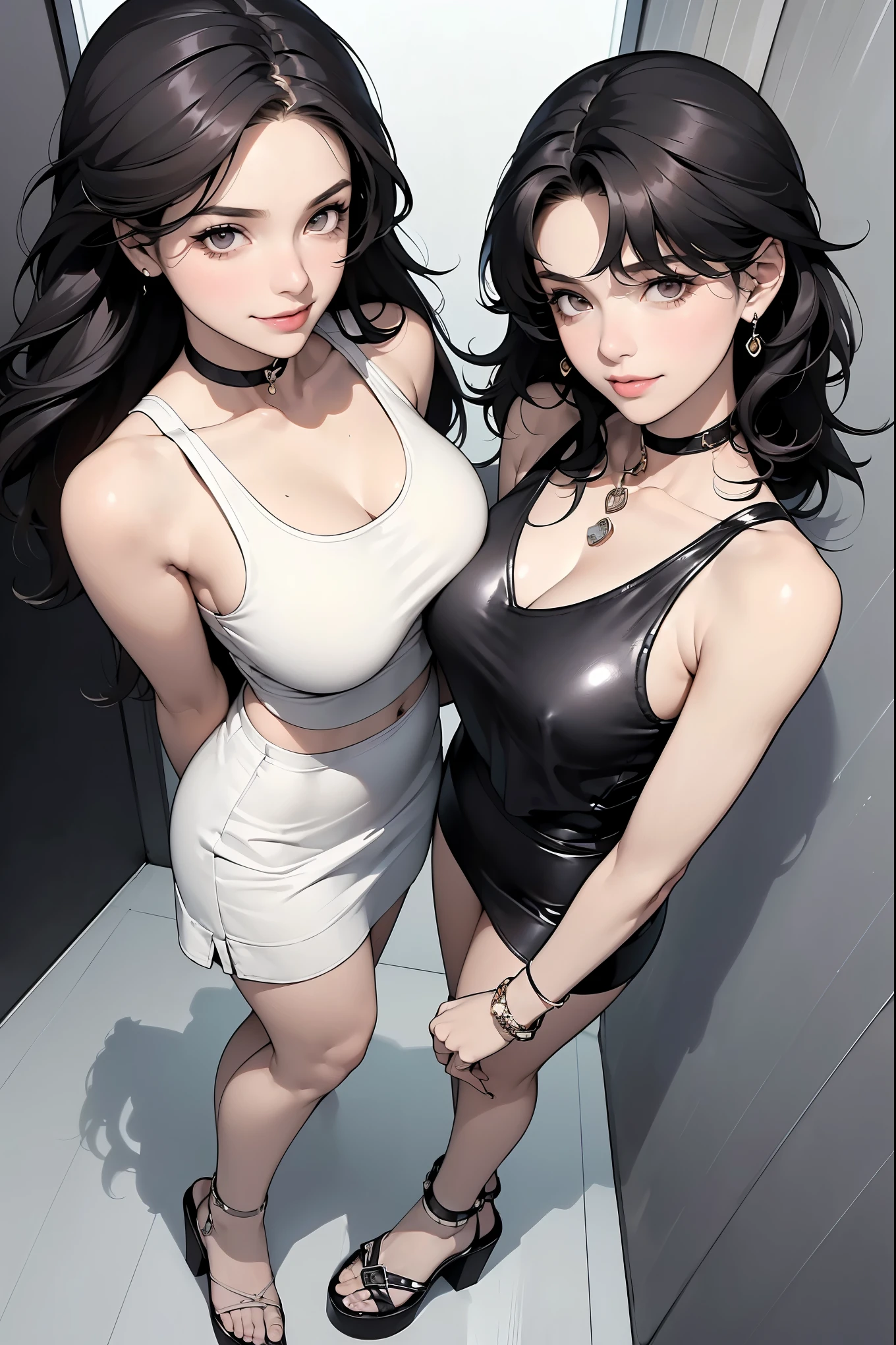 (Girls idol duo , On Stage), ( two female idols posing on stage), (Two beautiful women:1.8), ((Shorten your head, Reduce the volume of your hair, Dark Brown Blunt Bangs Hair )), (( long, slender eyes, Hazel Eyes, round face, big breasts, Strong thighs, Thin torso , white skin)), ((2 people are knitted tank tops, latex low rise micro mini skirt, Black Leather Choker, Heeled Sandals)), ( 2 are the same height ), (( best quality)), clear , Photo style, ( low angle), ( is staring at me, centered on the navel), (, turn your gaze here), has a smiling face, Idol